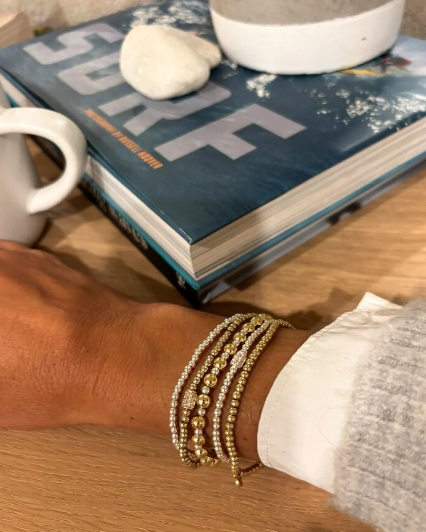 All Day 3 & 5mm Beaded Stretch Bracelet in Gold & Silver