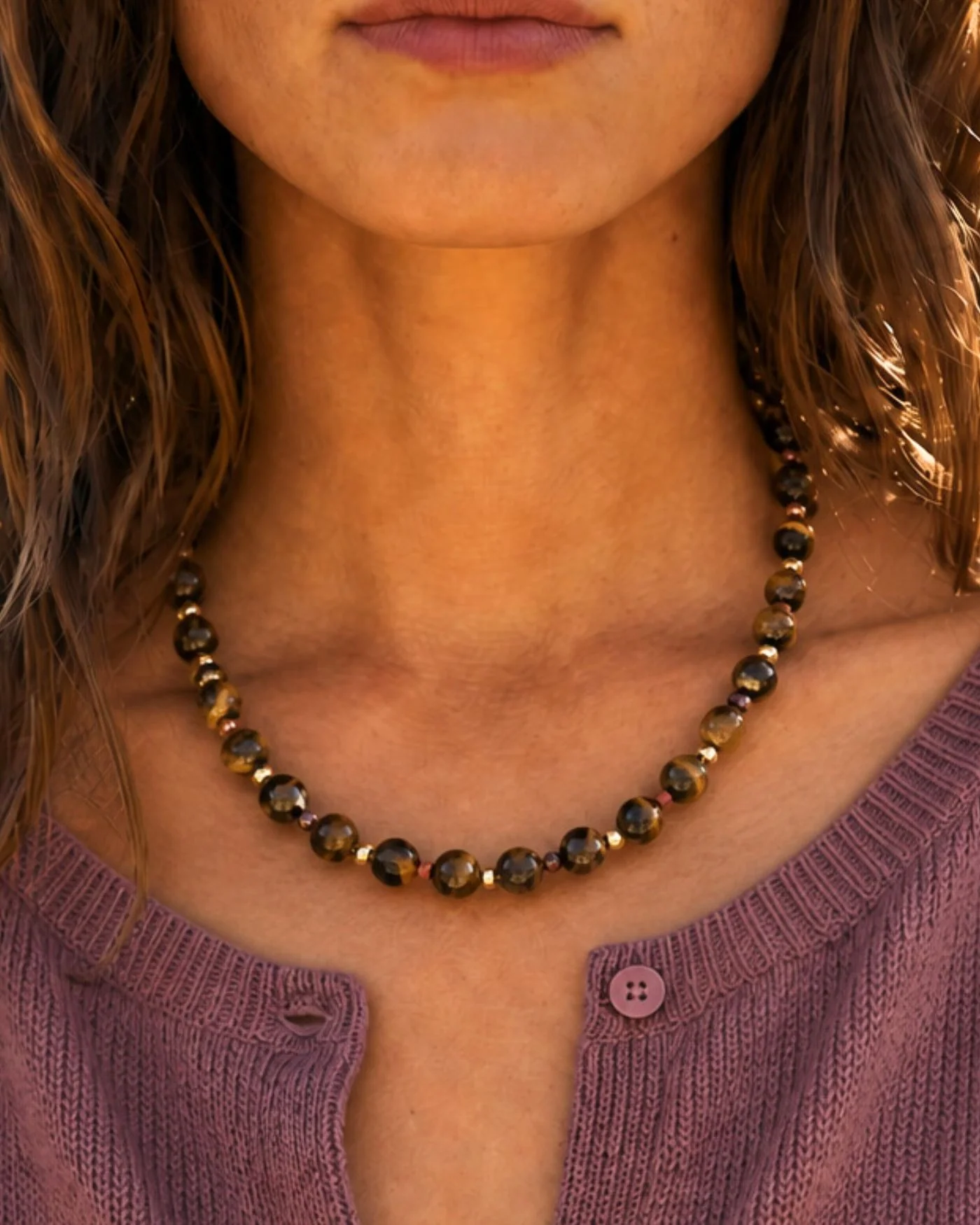 Dot Necklace in Tiger's Eye with 12-Karat Gold-Dipped Brass