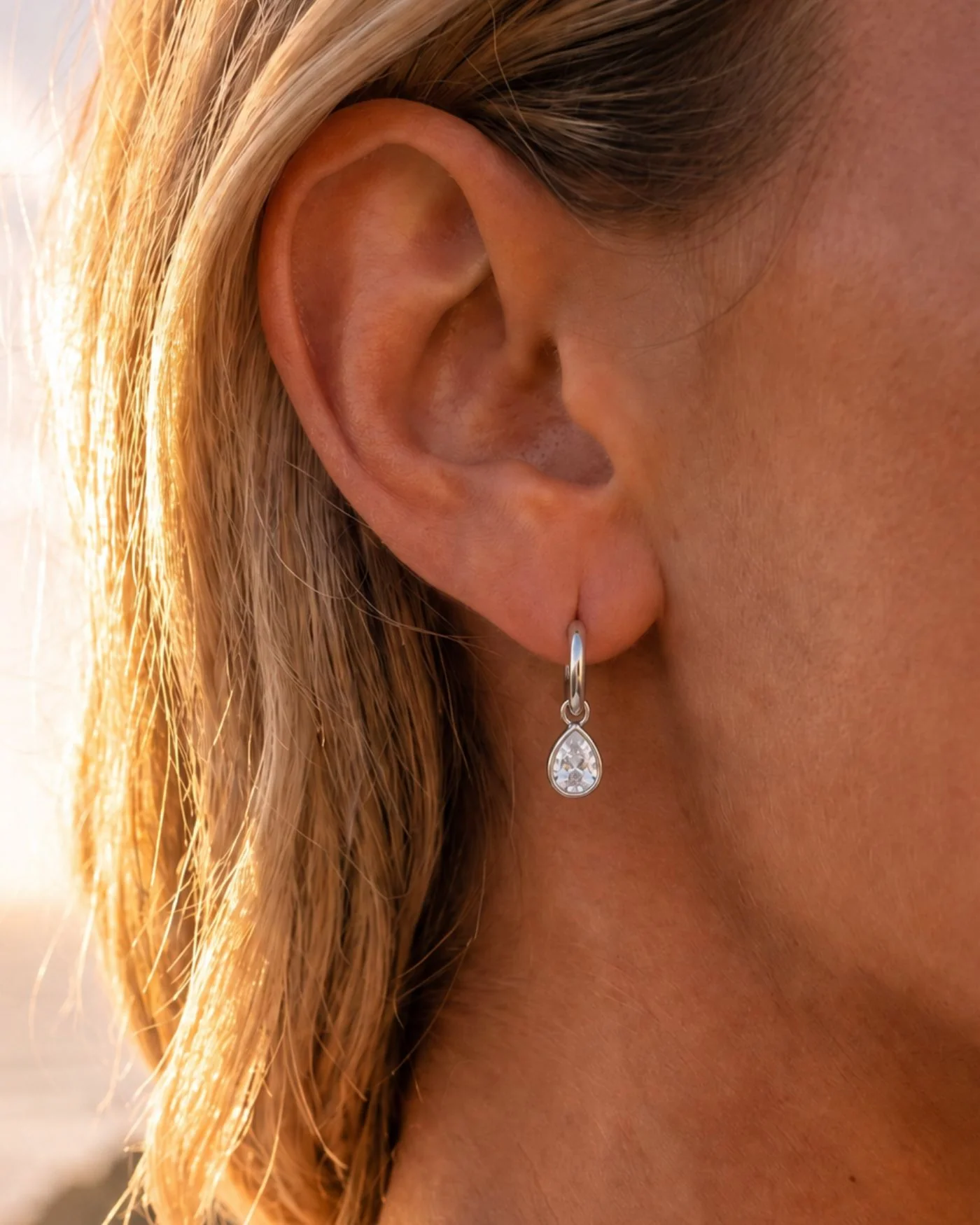 Elisa Reversible Huggie Hoop Earrings in Silver with Pear Charm