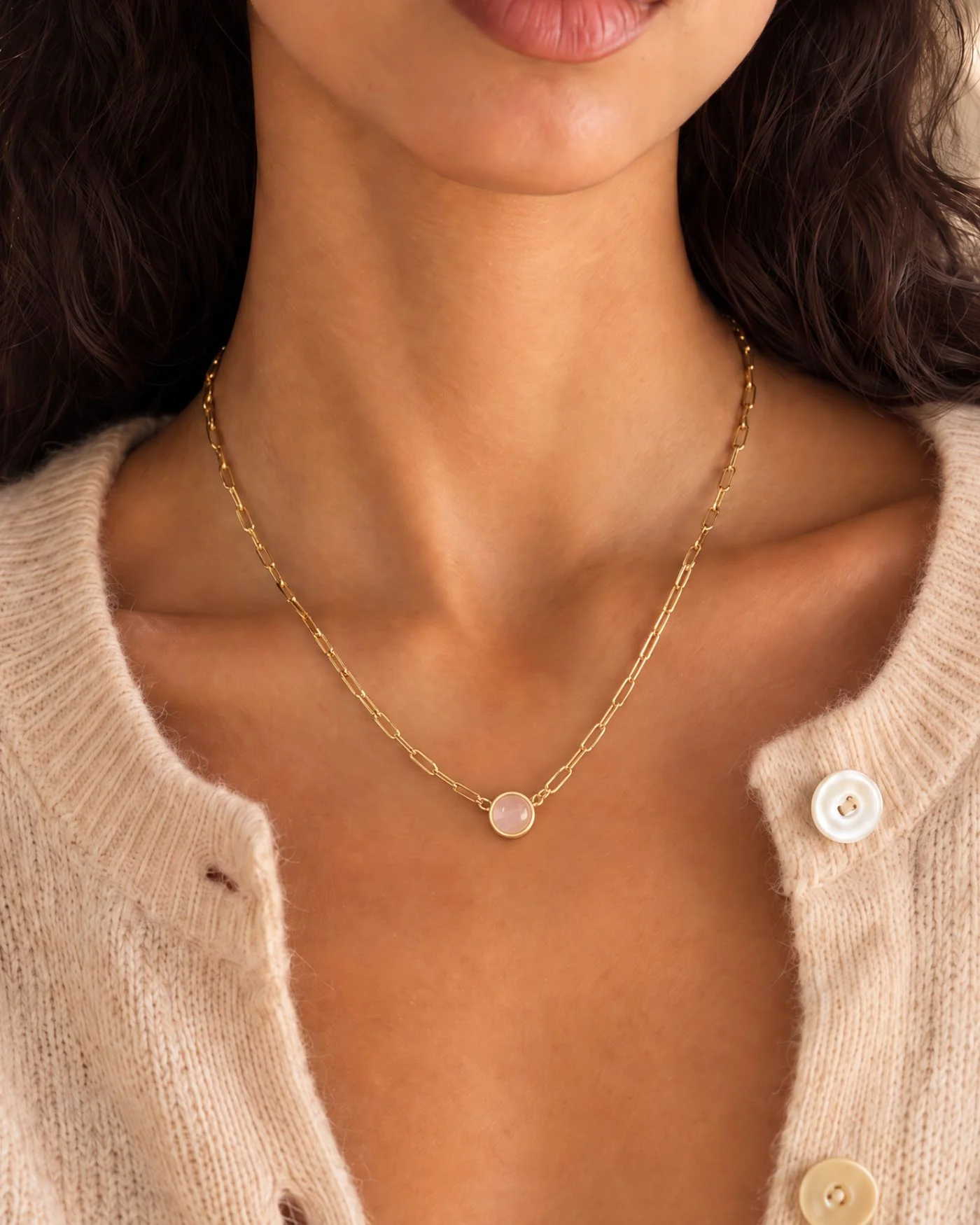 Ava Paperclip Necklace in Rose Quartz, Adjustable 15 to 18 Inches