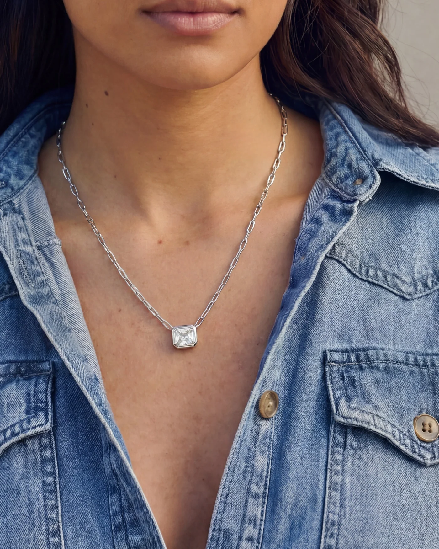Bezel Set Essential Necklace with Simulated Emerald-Cut Diamond