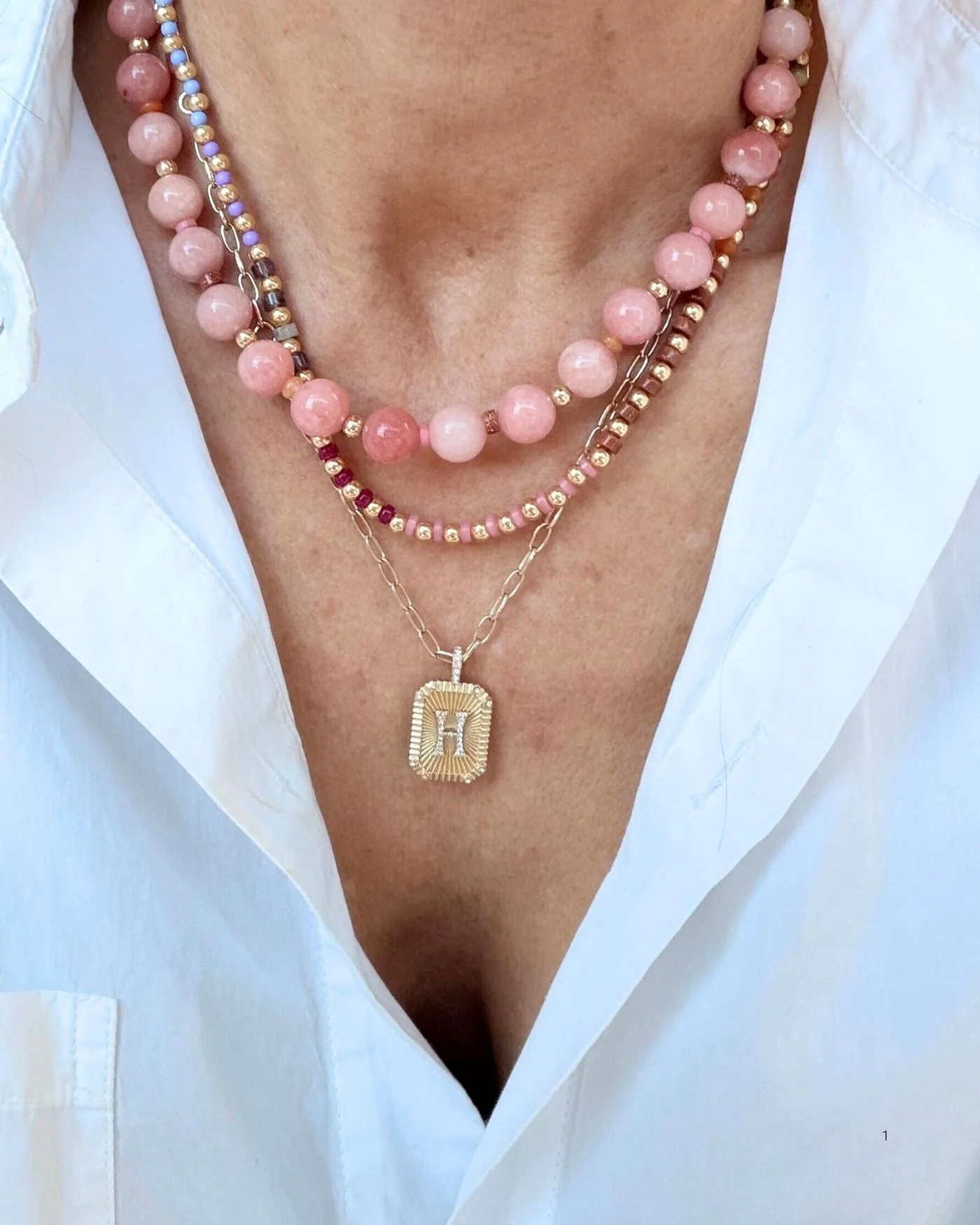 Dot Necklace in Strawberry Sunstone Quartz with Jade and Gold Beads