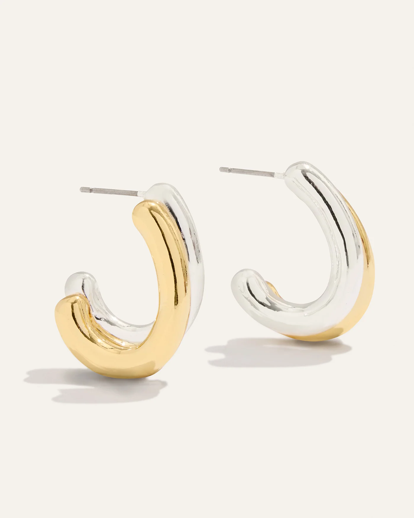 J Hoops in Mixed Metal: Gold and Silver J-Shaped Earrings