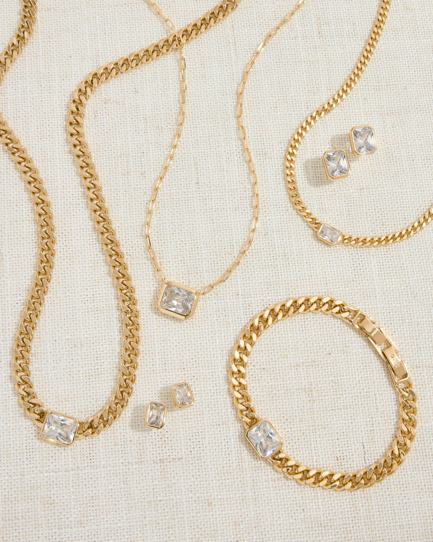 Bezel Station Necklace with Emerald-Cut Simulated Diamond on Curb Chain