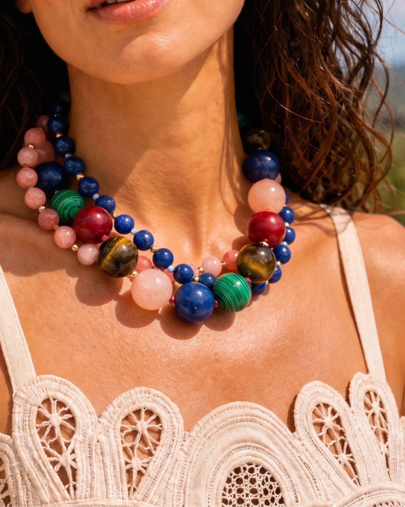 Helena Multi Gumball Necklace with Tiger's Eye and Jade Beads