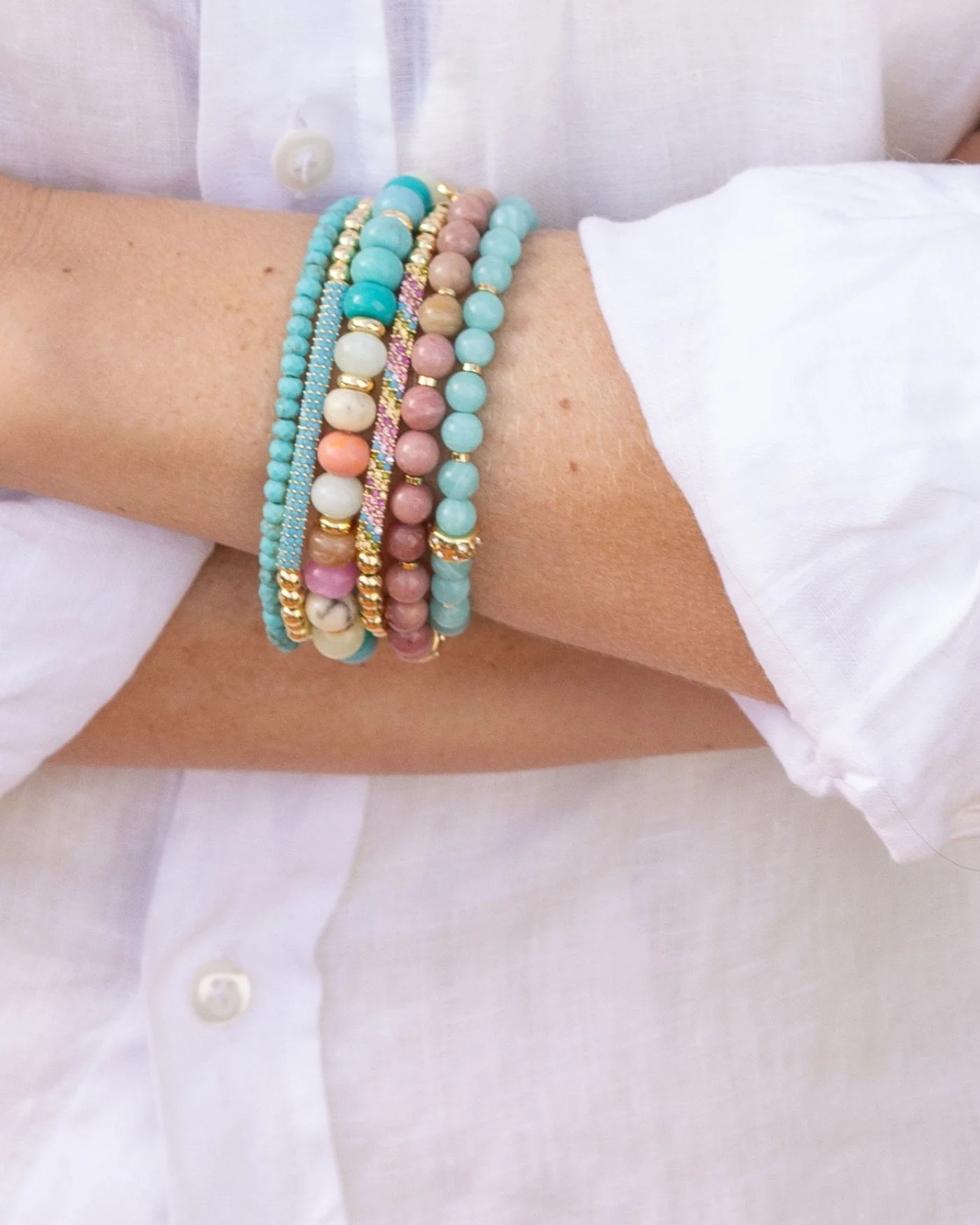 Pastel Beaded Candy Stretch Bracelet with Semi-Precious Stones