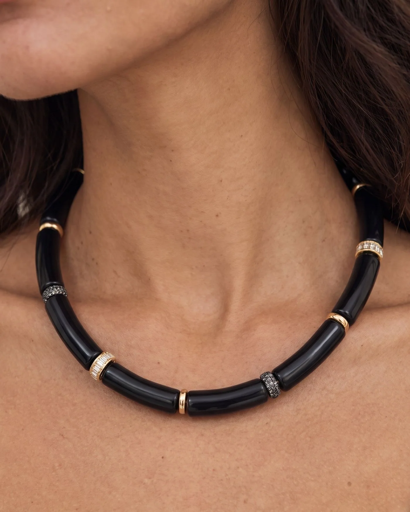 Diana Collar Necklace in Black Resin with Mixed Rondelle Accents
