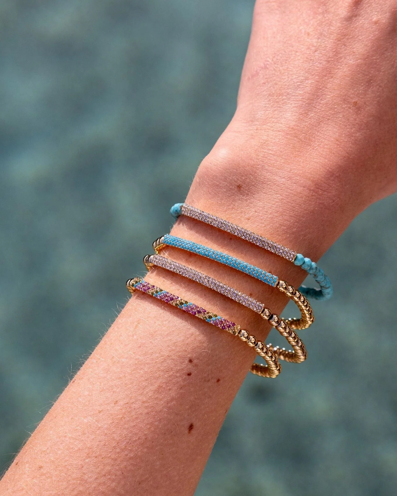 Tribute Beaded Stretch Bracelet in Gold with Turquoise Pavé Bar