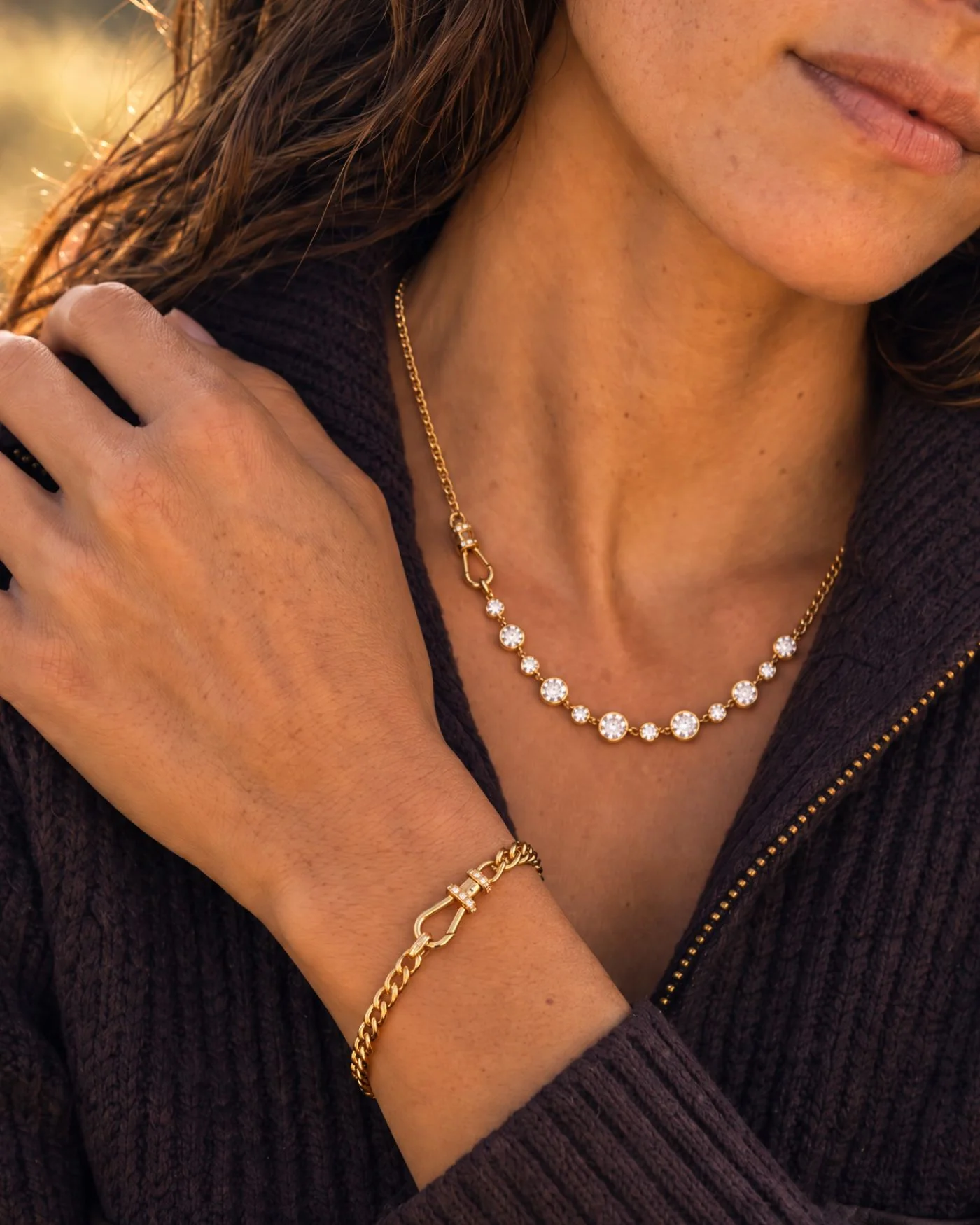 Bennett Necklace with Bezel-Set Simulated Diamonds in Gold-Plated Brass