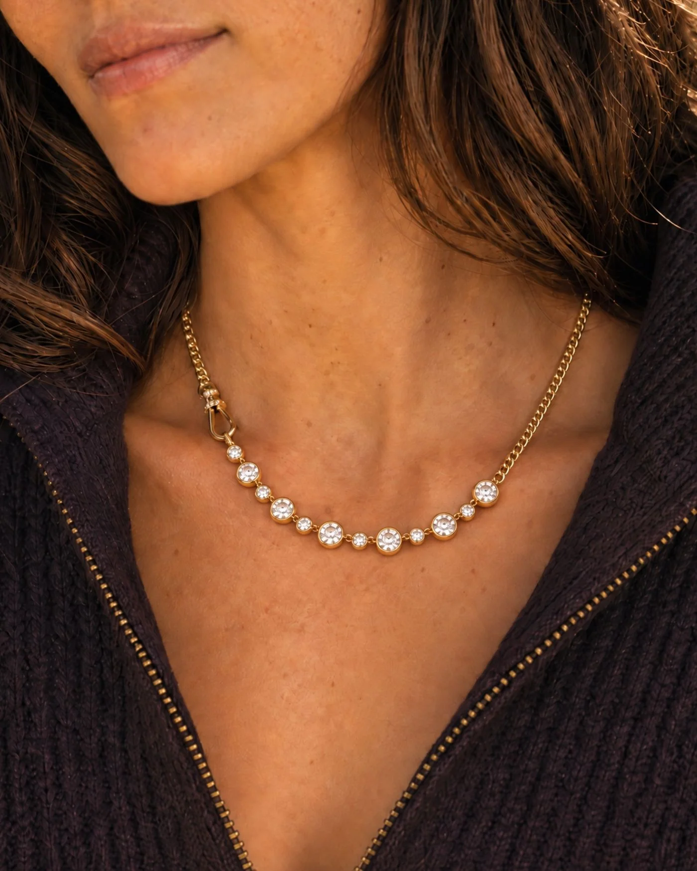 Bennett Necklace with Bezel-Set Simulated Diamonds in Gold-Plated Brass