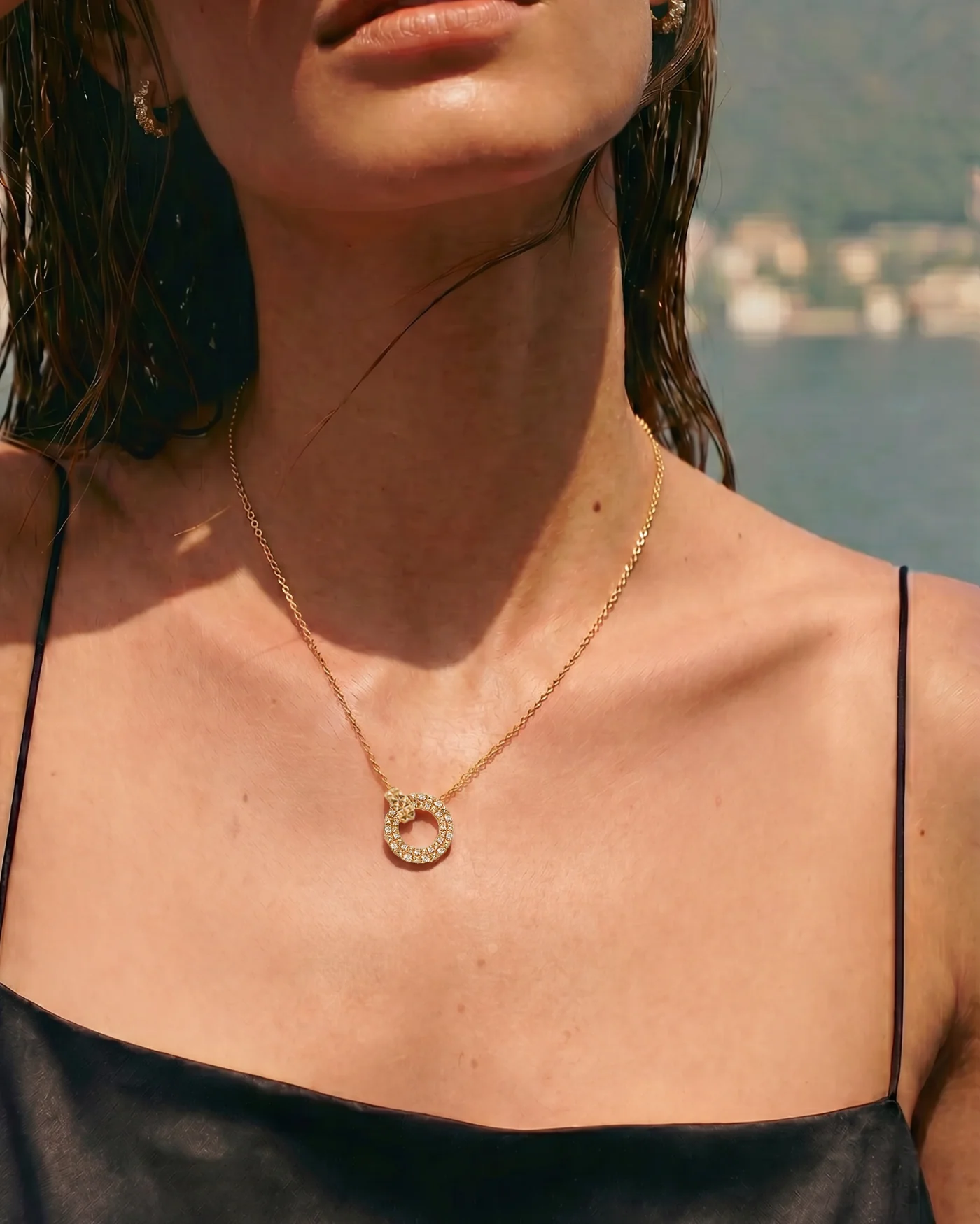 Vivienne Necklace with Pavé and Pyramid Disc Pendant in Gold-Plated Brass
