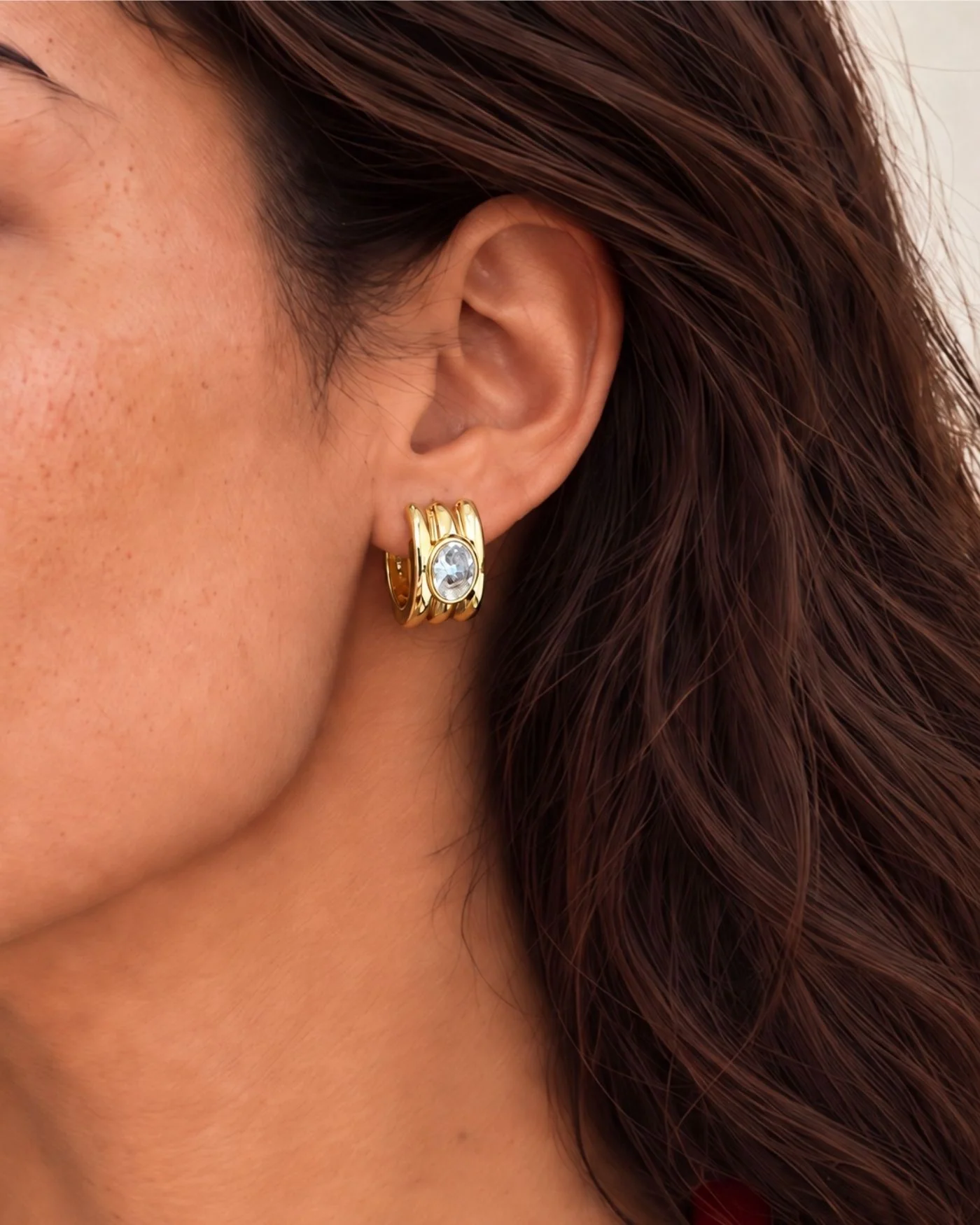 Celeste Hoop Earrings with Oval Simulated Diamond Bezel in Gold