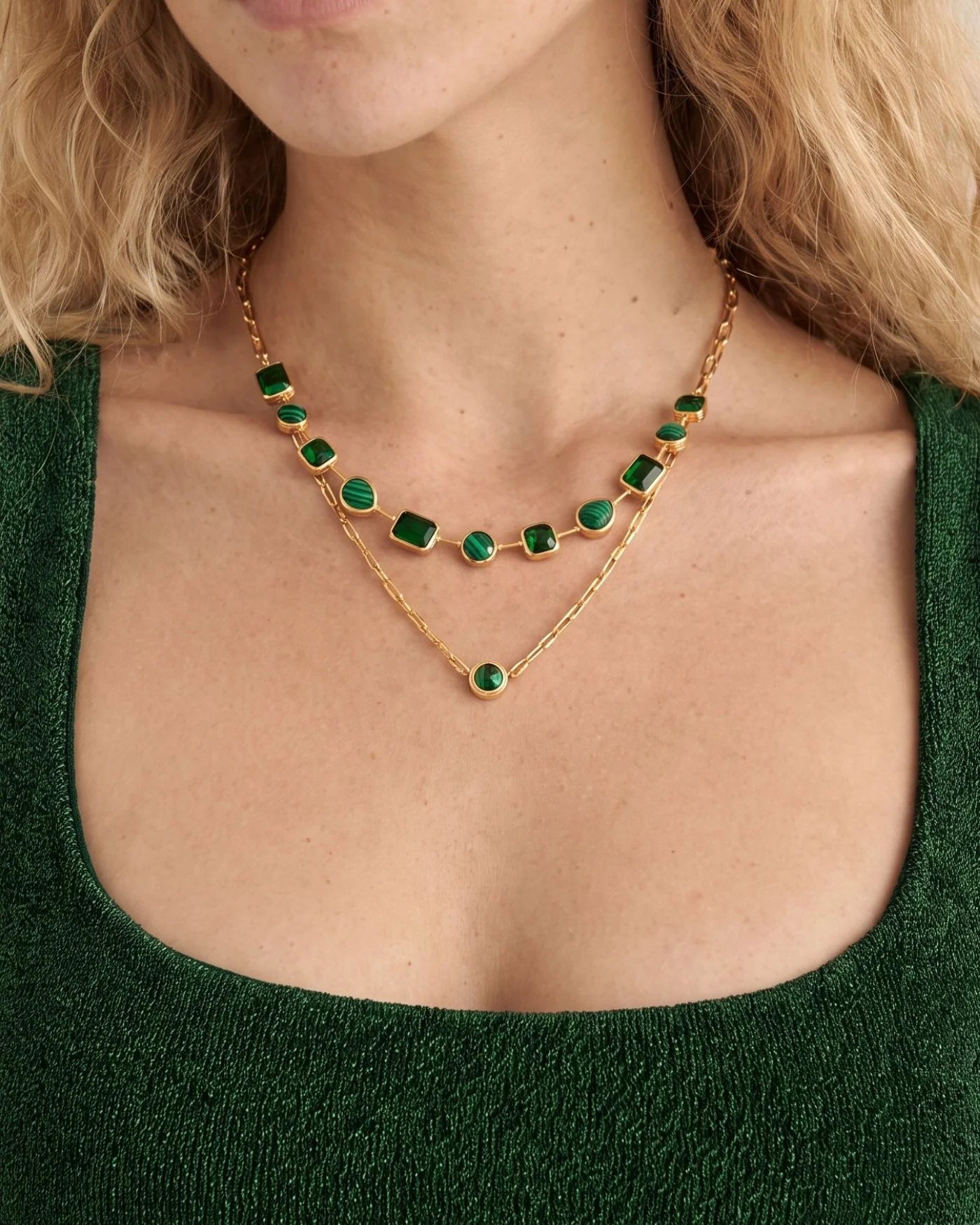 Ava Paperclip Necklace in Emerald with Adjustable 15 to 18 Inch Chain