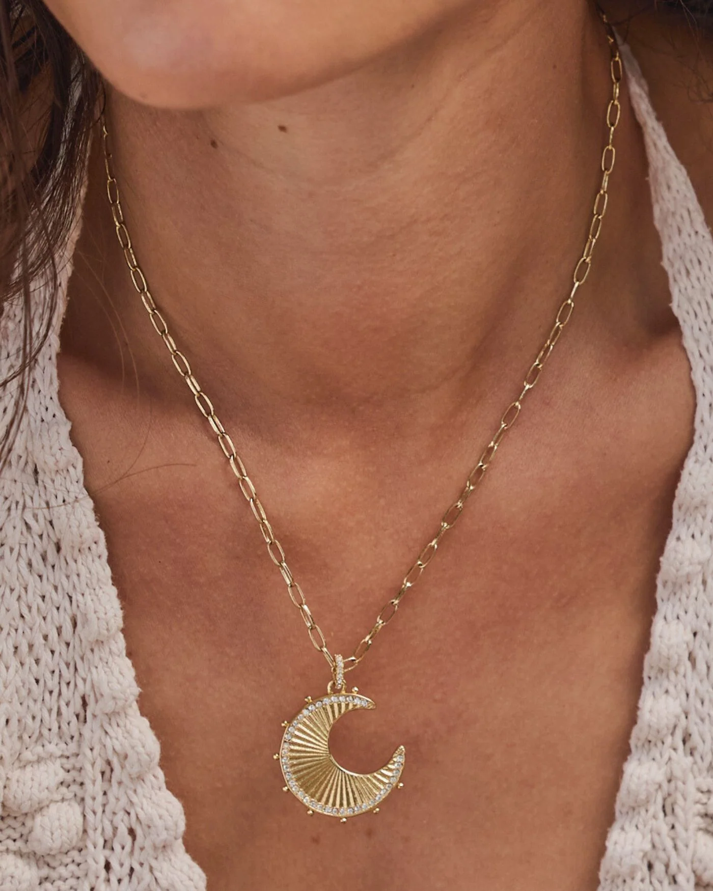 Moon Phases Reversible Charm Necklace with Stone Inlay and Simulated Diamonds