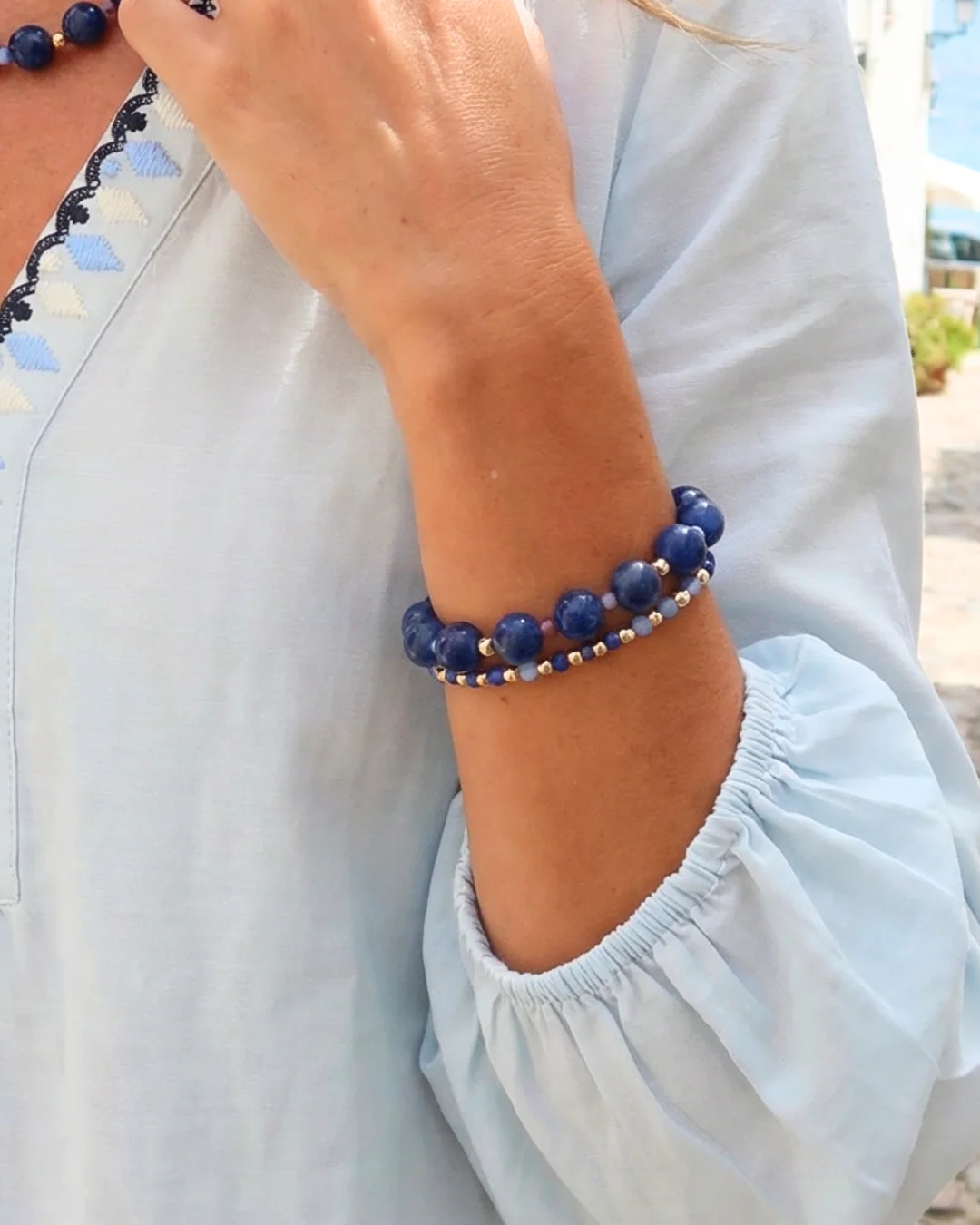Kate Gemstone Bracelet in Blue with Lapis Beads on Stretch Cord