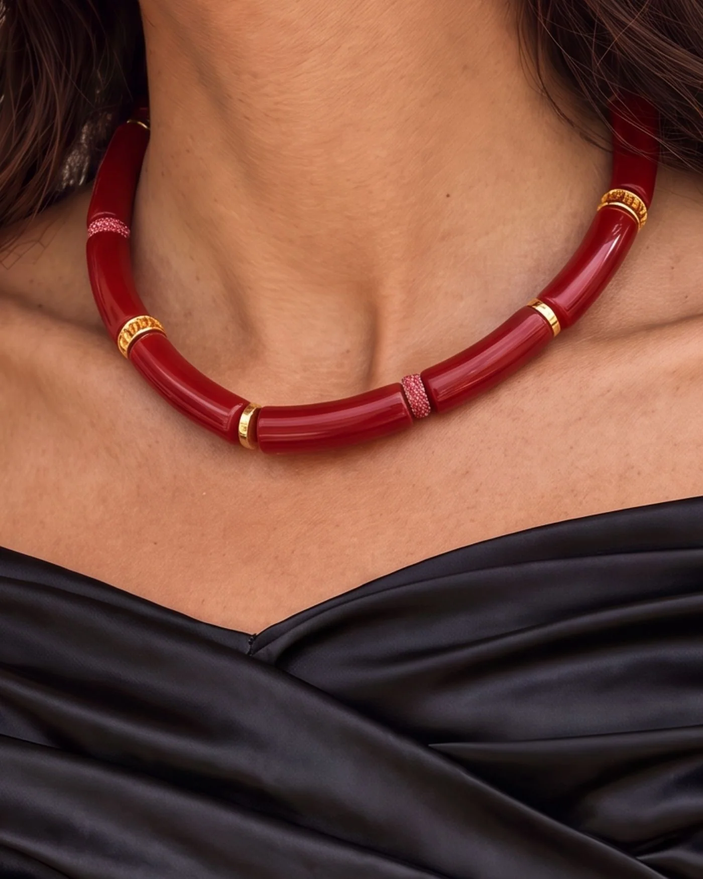 Diana Collar Necklace in Red with Gold, Pink Pavé and Citrine Rondelles