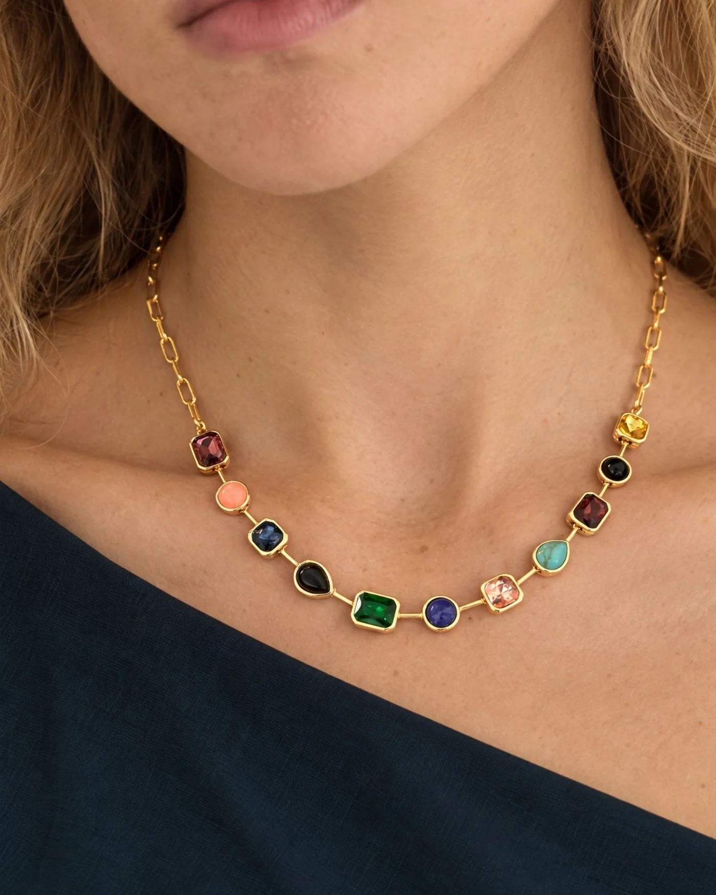 Naomie Paperclip Tennis Necklace in Multi-Color Stones