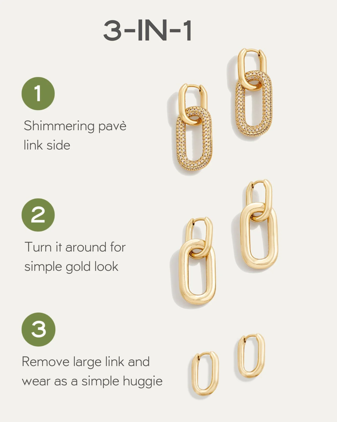 3-in-1 Reversible Pavé Hoop Link Earrings in Silver