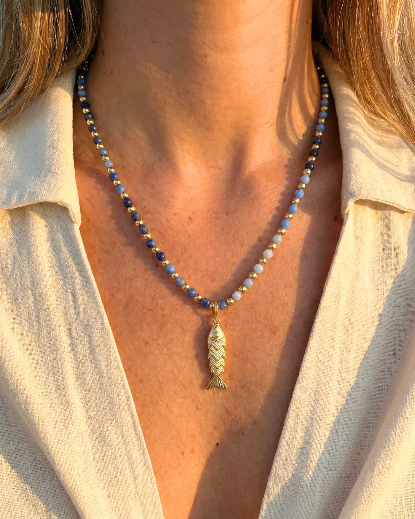 Kate Gemstone Necklace in Blue with Lapis Beads and Gold Accents