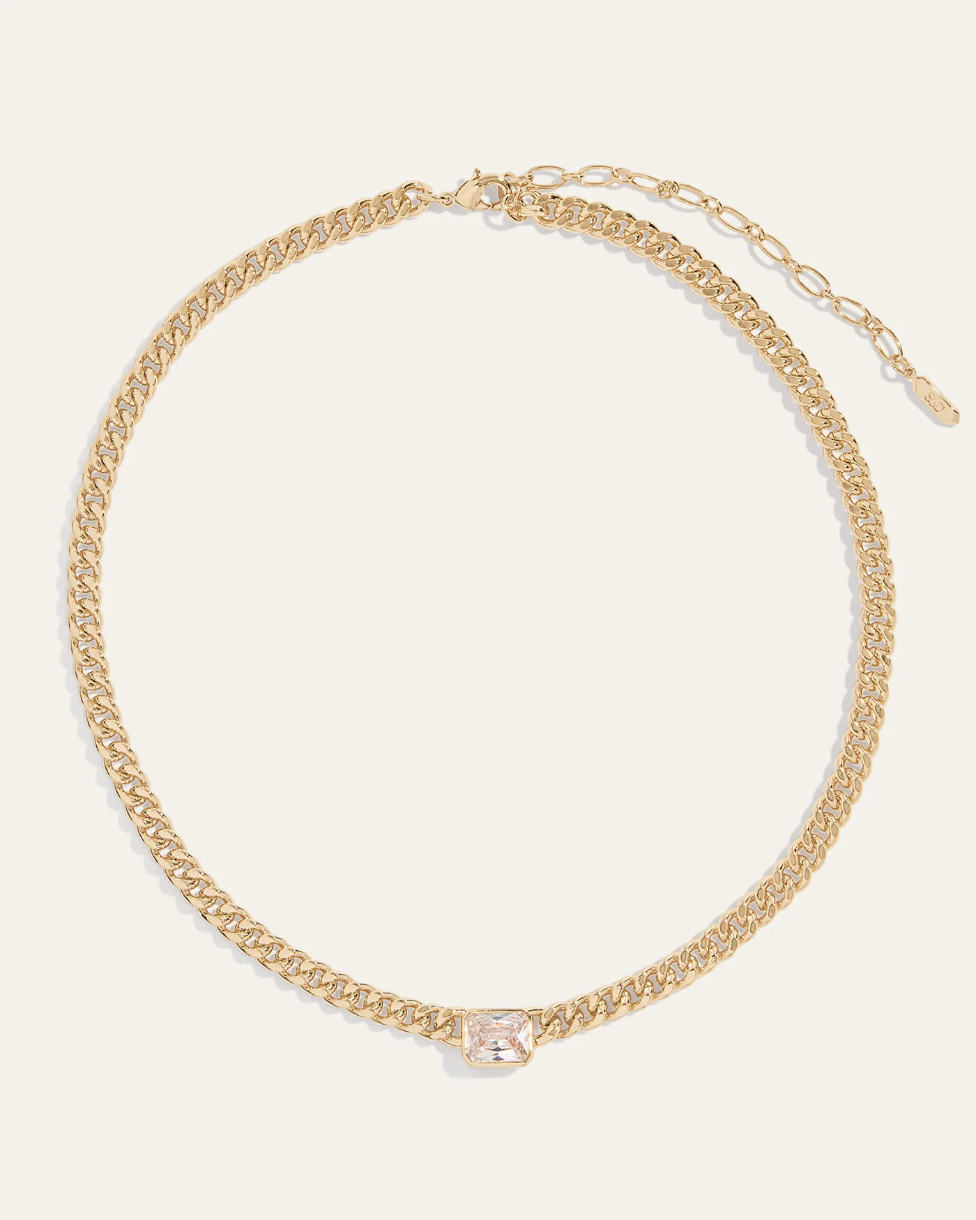 Bezel Station Necklace with Emerald-Cut Simulated Diamond on Curb Chain