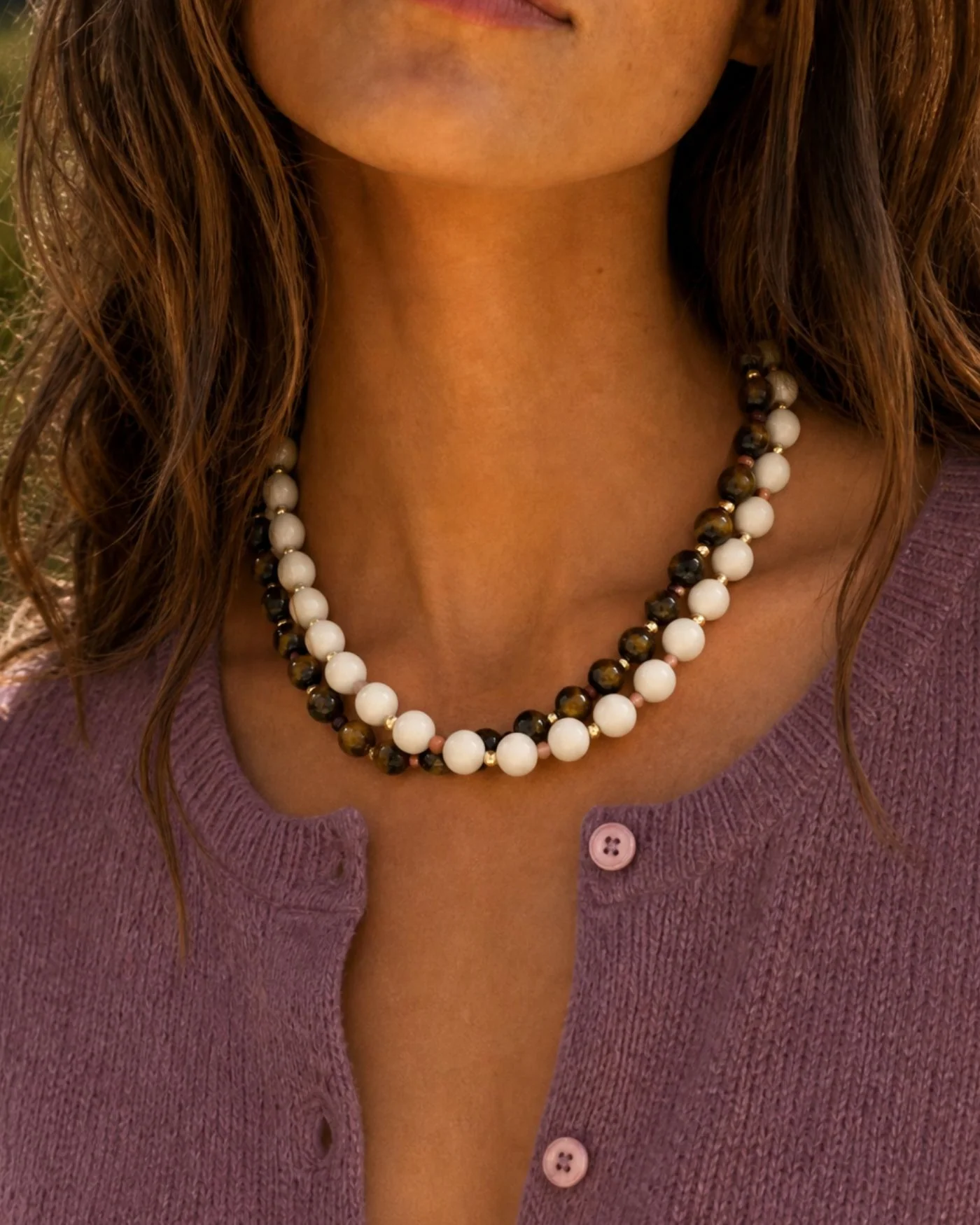 Dot Necklace in Tiger's Eye with 12-Karat Gold-Dipped Brass