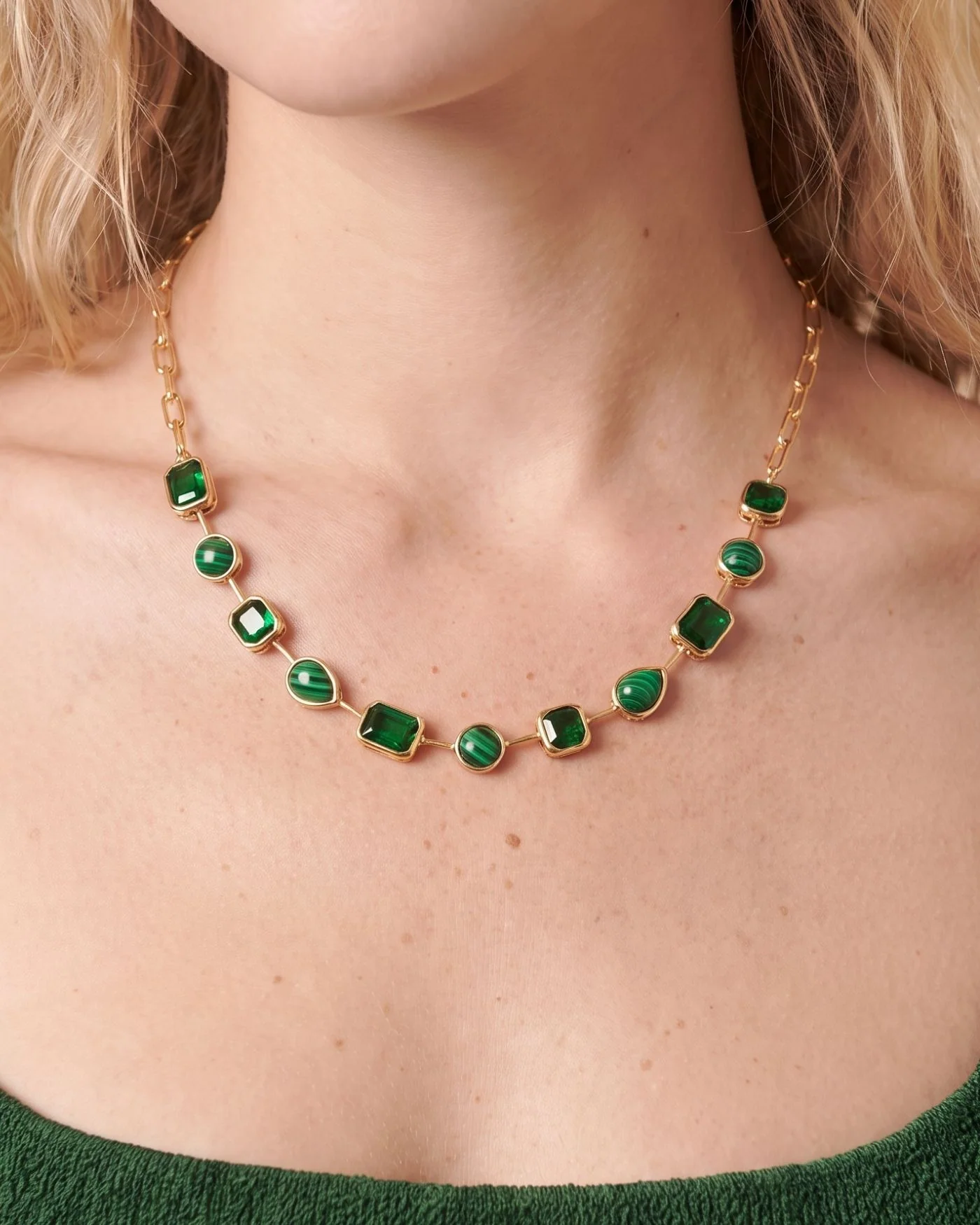Naomie Paperclip Tennis Necklace in Malachite Green