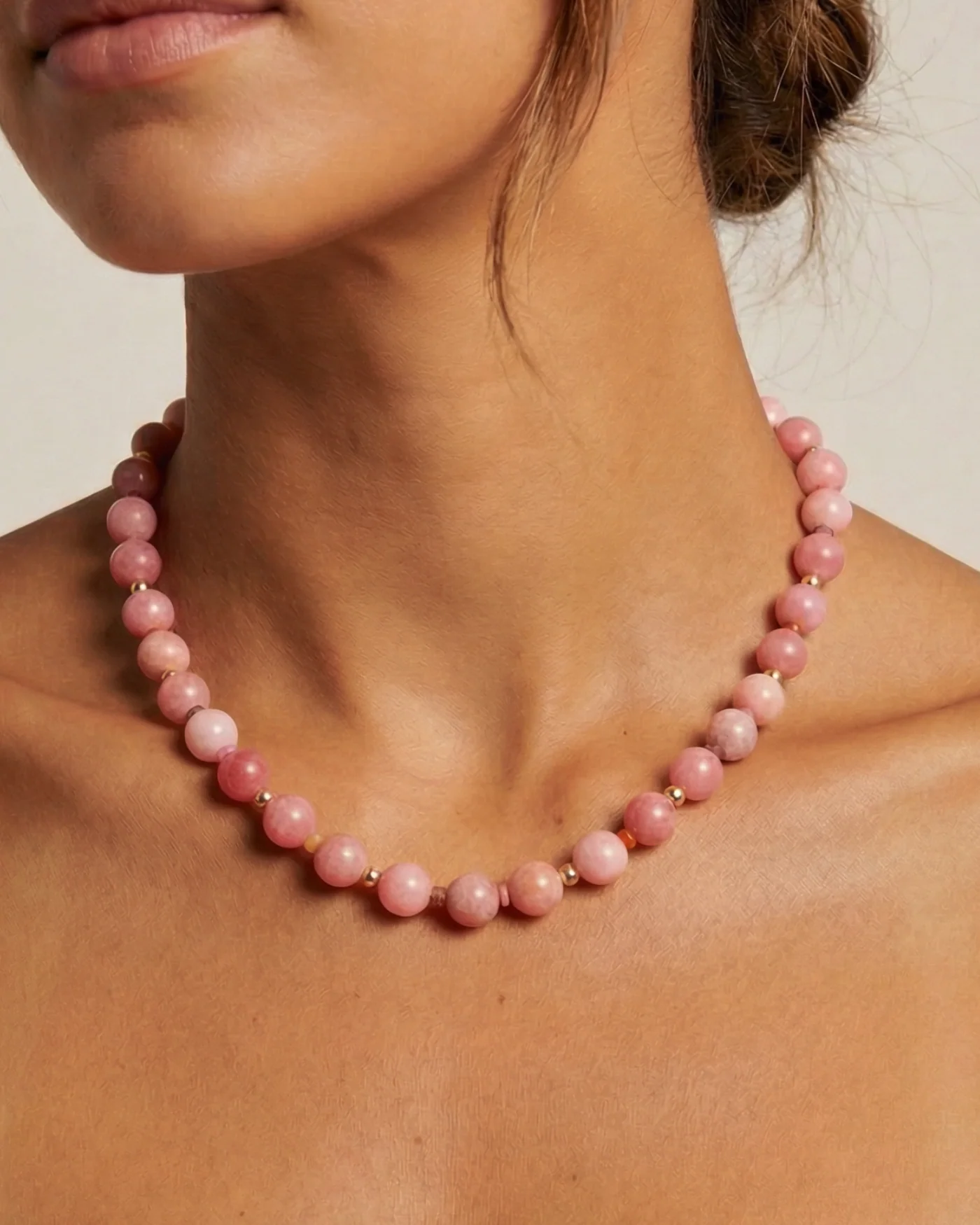 Dot Necklace in Strawberry Sunstone Quartz with Jade and Gold Beads