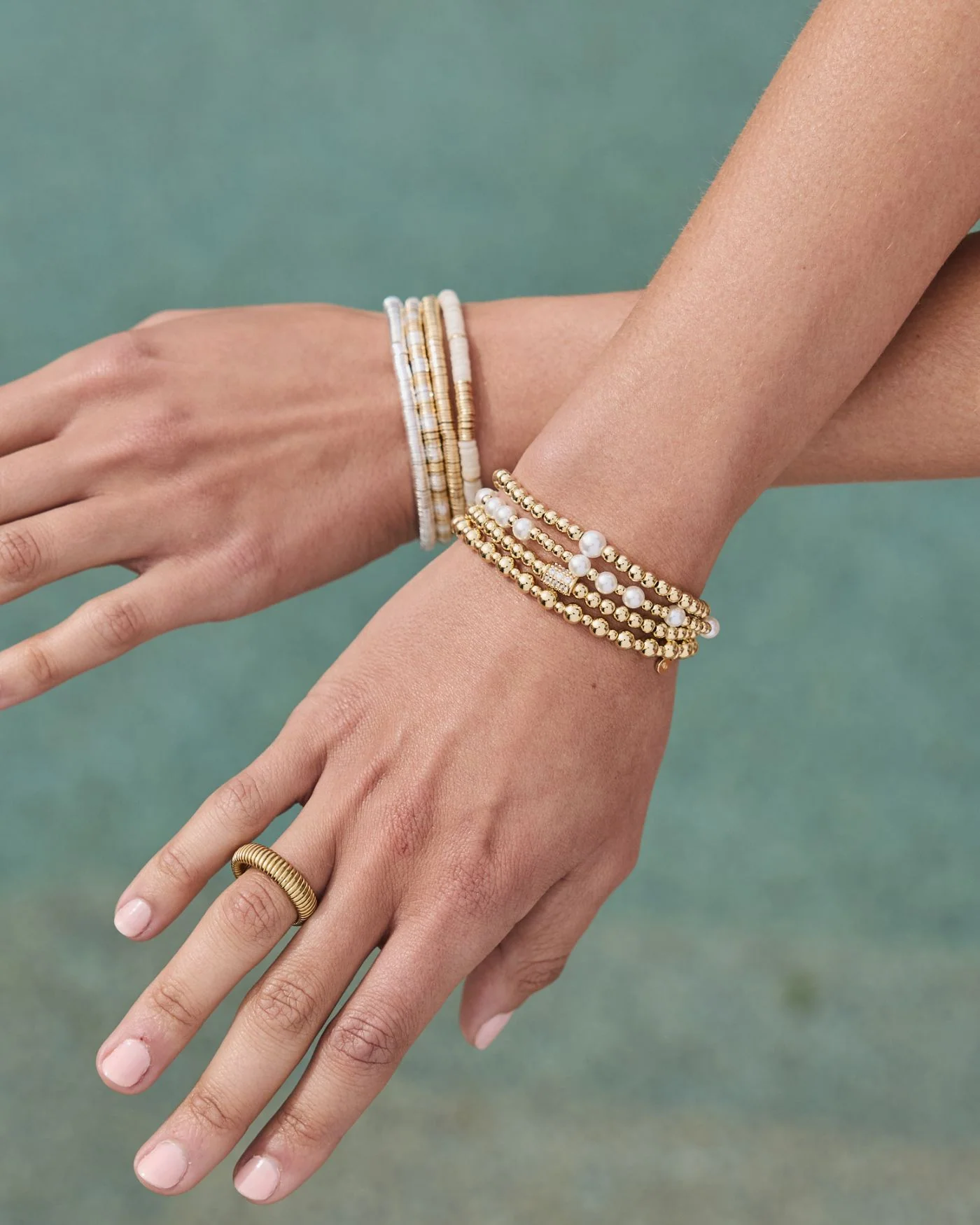 Boho Beaded Stretch Bracelet in White and Gold for Layering