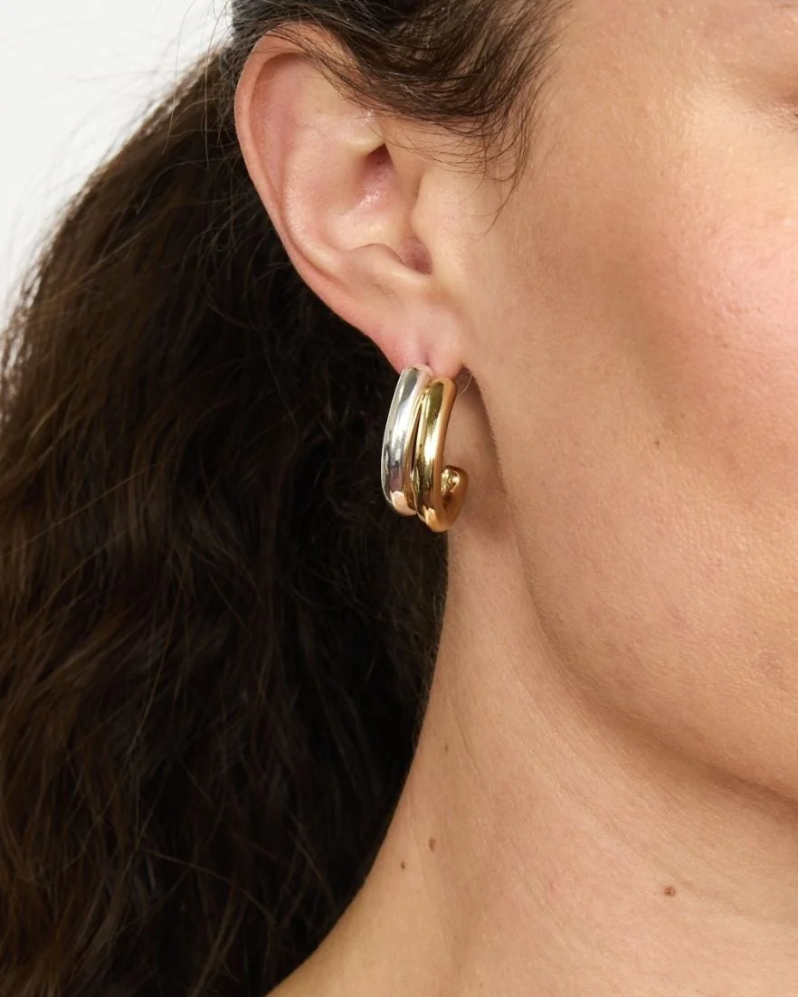 J Hoops in Mixed Metal: Gold and Silver J-Shaped Earrings