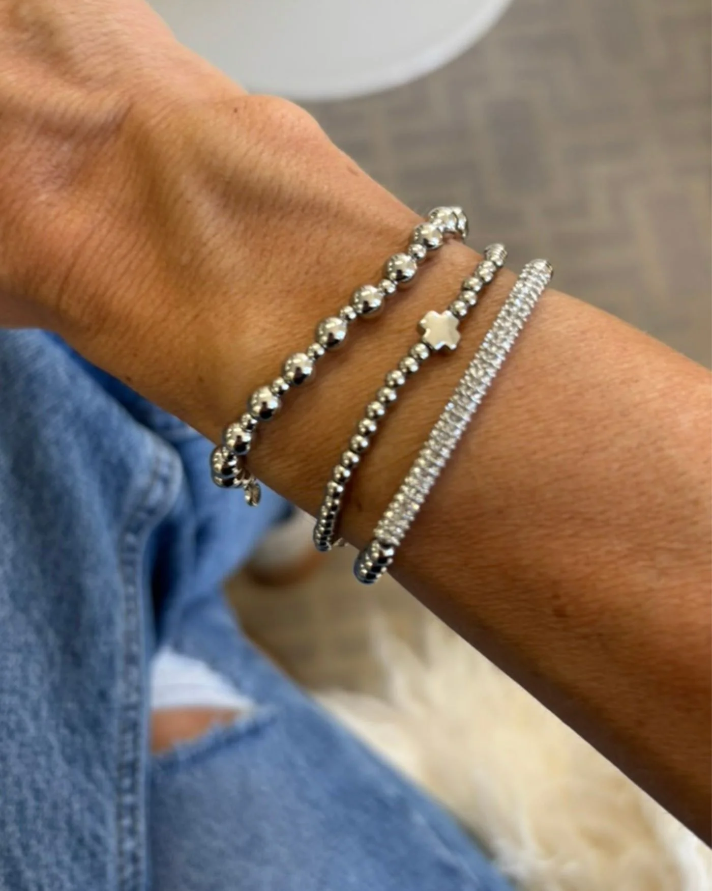 Cross Beaded Stretch Bracelet in Gold or Rhodium Dip