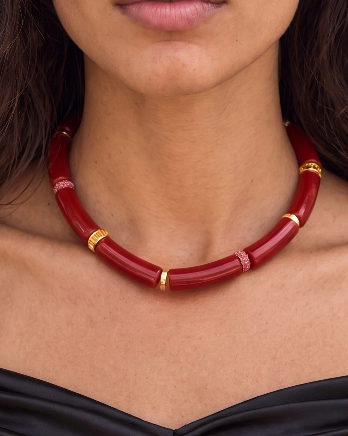 Diana Collar Necklace in Red with Gold, Pink Pavé and Citrine Rondelles