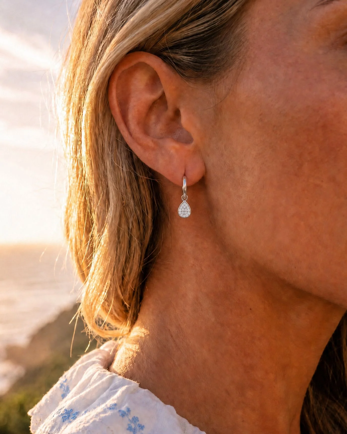 Elisa Reversible Huggie Hoop Earrings in Silver with Pear Charm