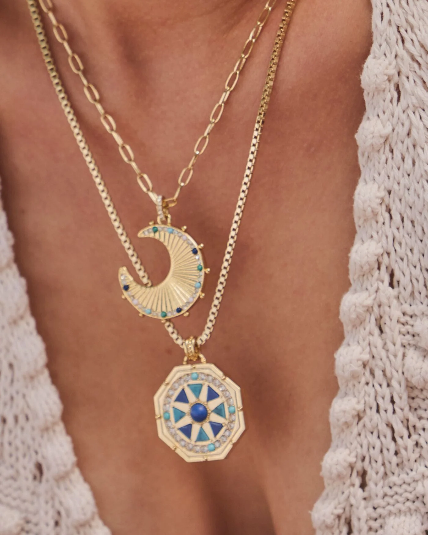 Moon Phases Reversible Charm Necklace with Stone Inlay and Simulated Diamonds
