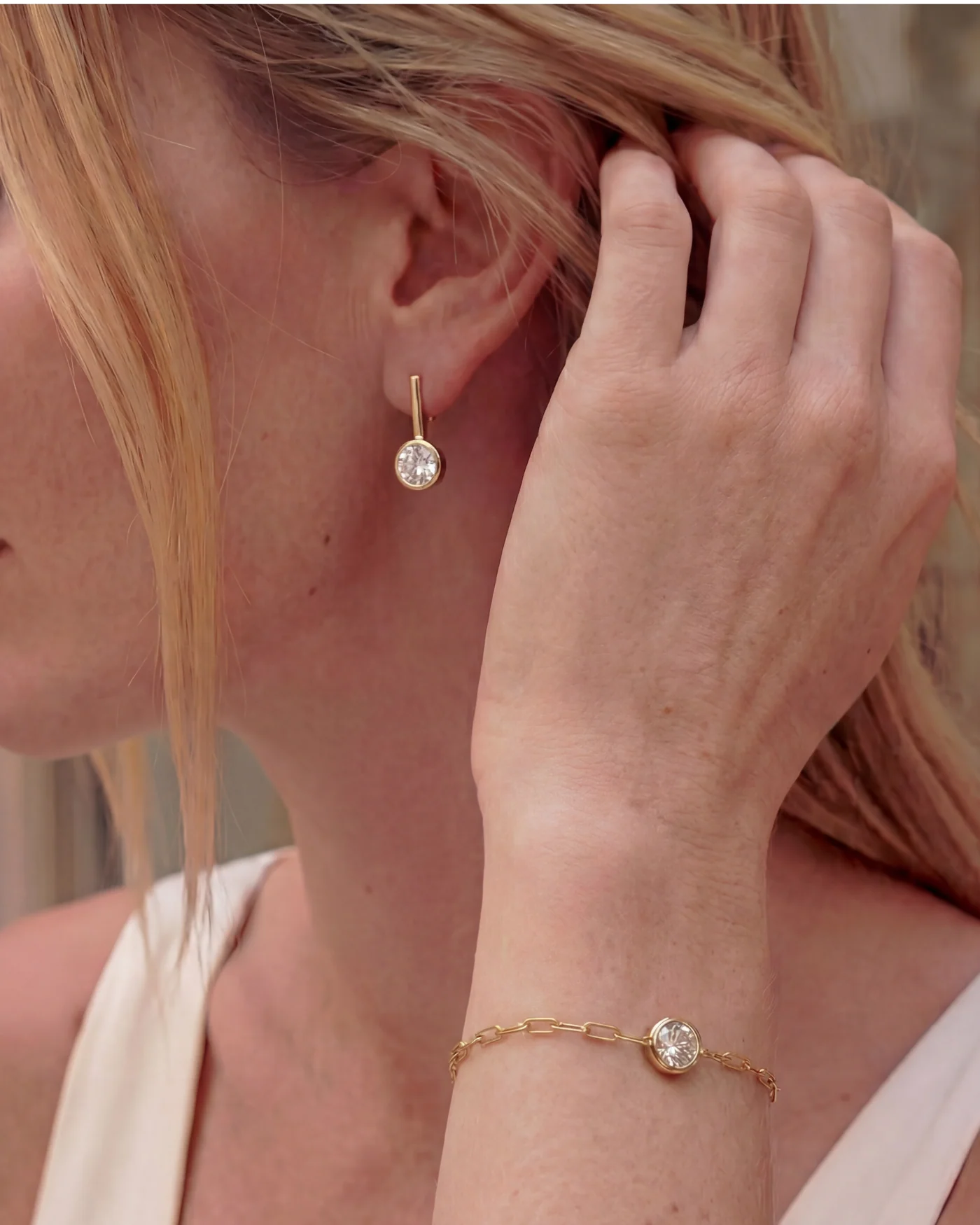 Ava Bar Stud Earrings with Bezel-Set Diamond in 12-Karat Gold