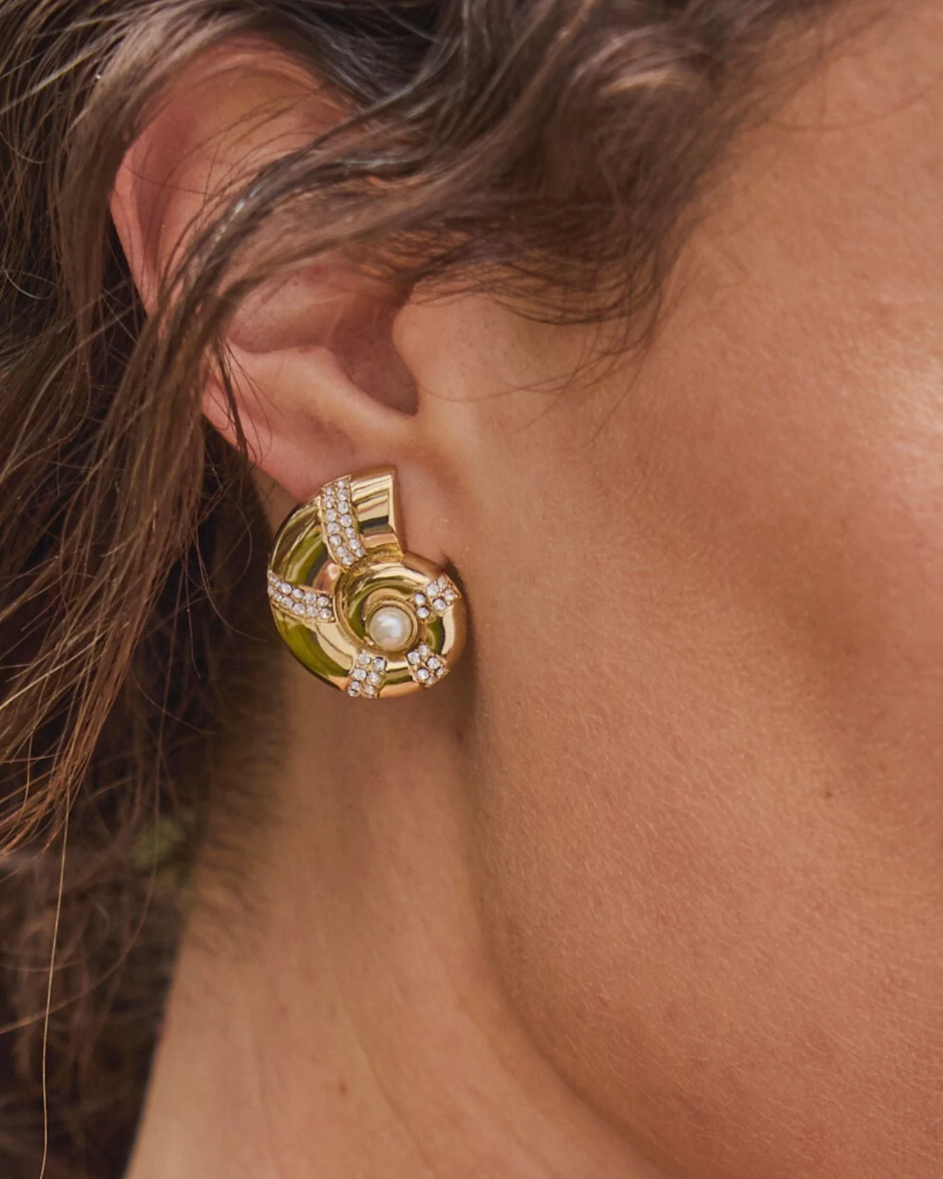 Nautilus Gold and Pearl Shell Stud Earrings with Titanium Posts