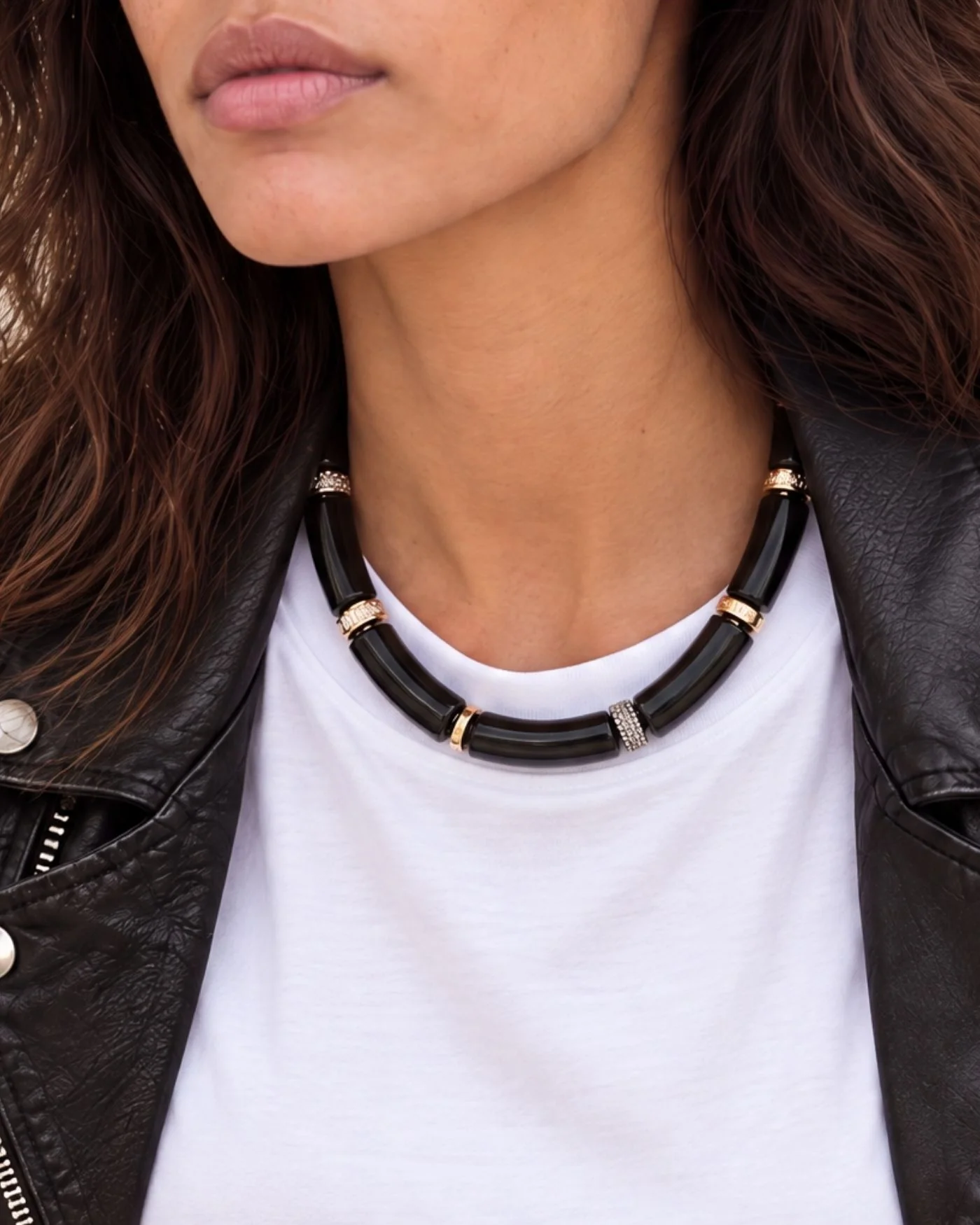 Diana Collar Necklace in Black Resin with Mixed Rondelle Accents