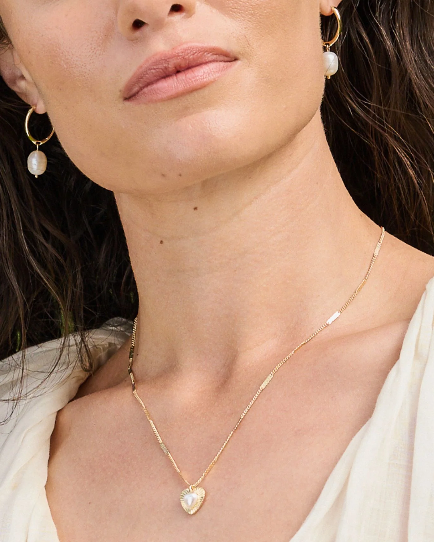 Pearl Mini Vintage Heart Necklace in Gold-Dipped Brass