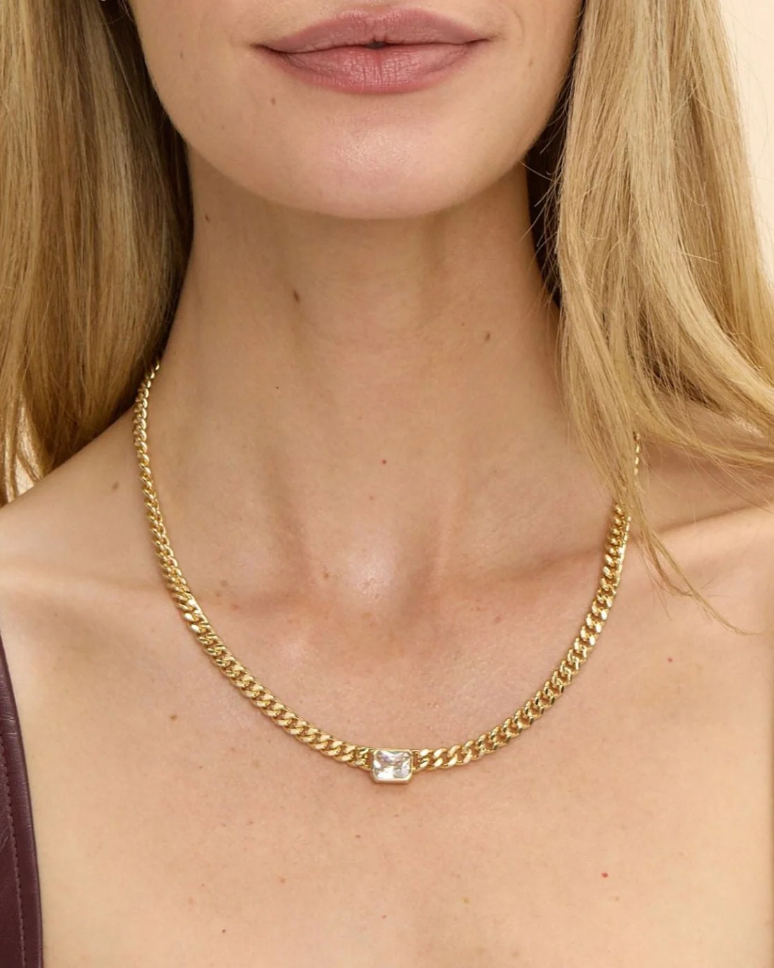 Bezel Station Necklace with Emerald-Cut Simulated Diamond on Curb Chain