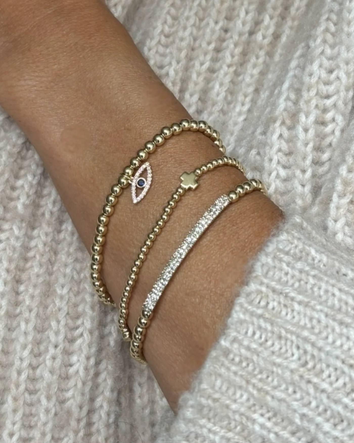 Cross Beaded Stretch Bracelet in Gold or Rhodium Dip