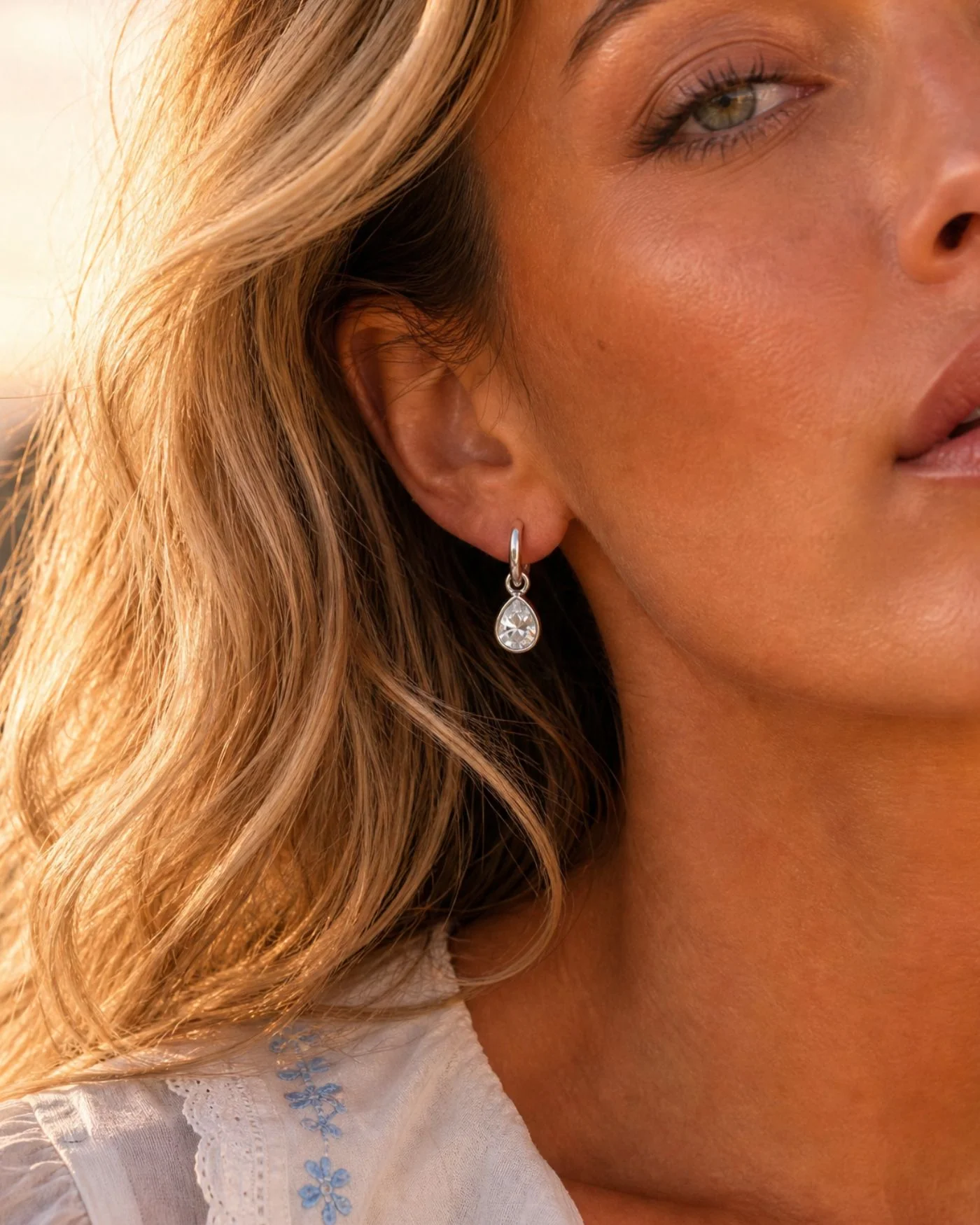 Elisa Reversible Huggie Hoop Earrings in Silver with Pear Charm
