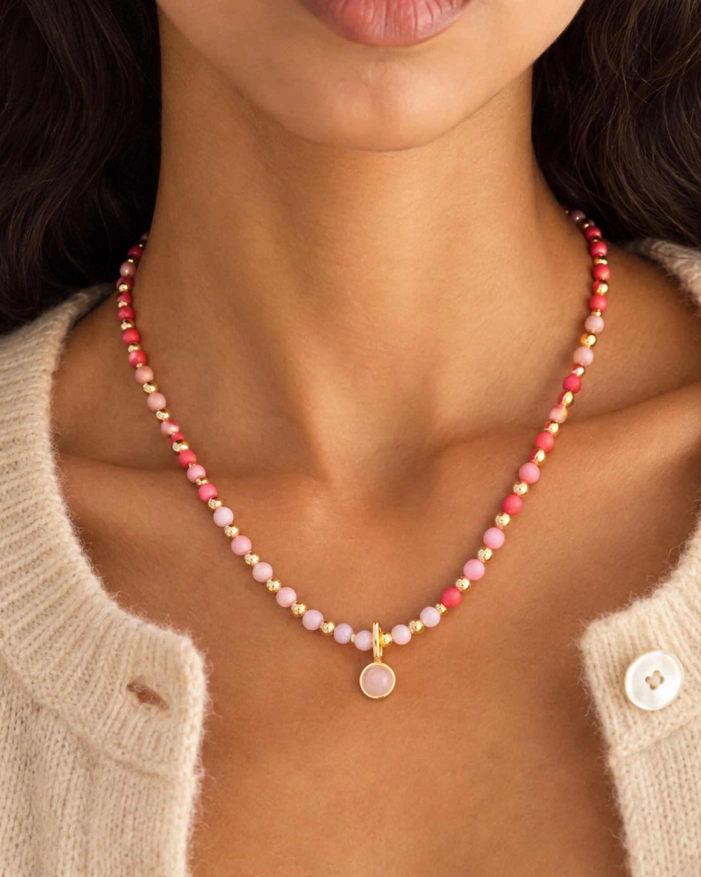 Kate Gemstone Necklace in Pink with Semi-Precious and Glass Beads