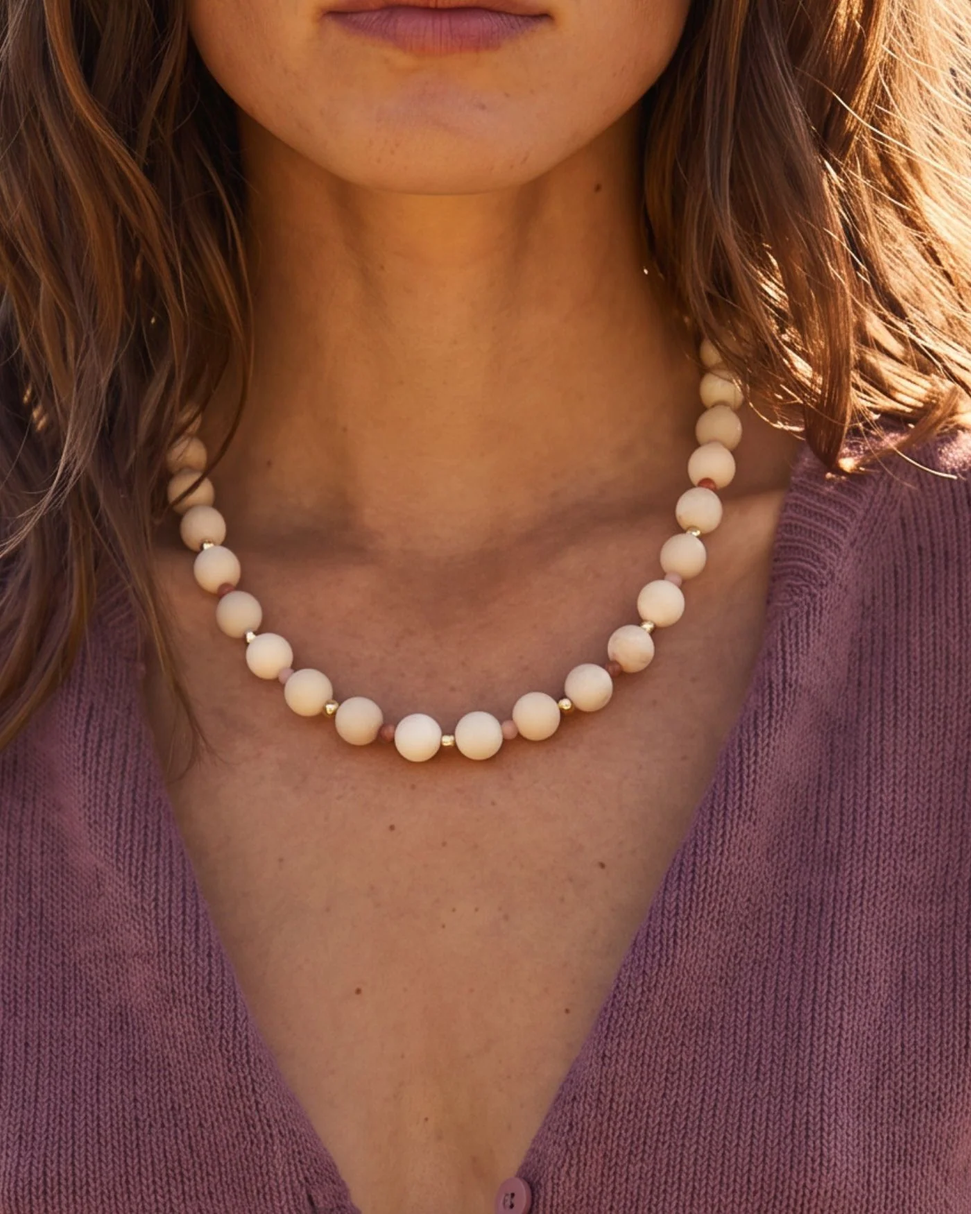 Dot Necklace in Ivory with White Fossil Beads and Gold-Dipped Brass