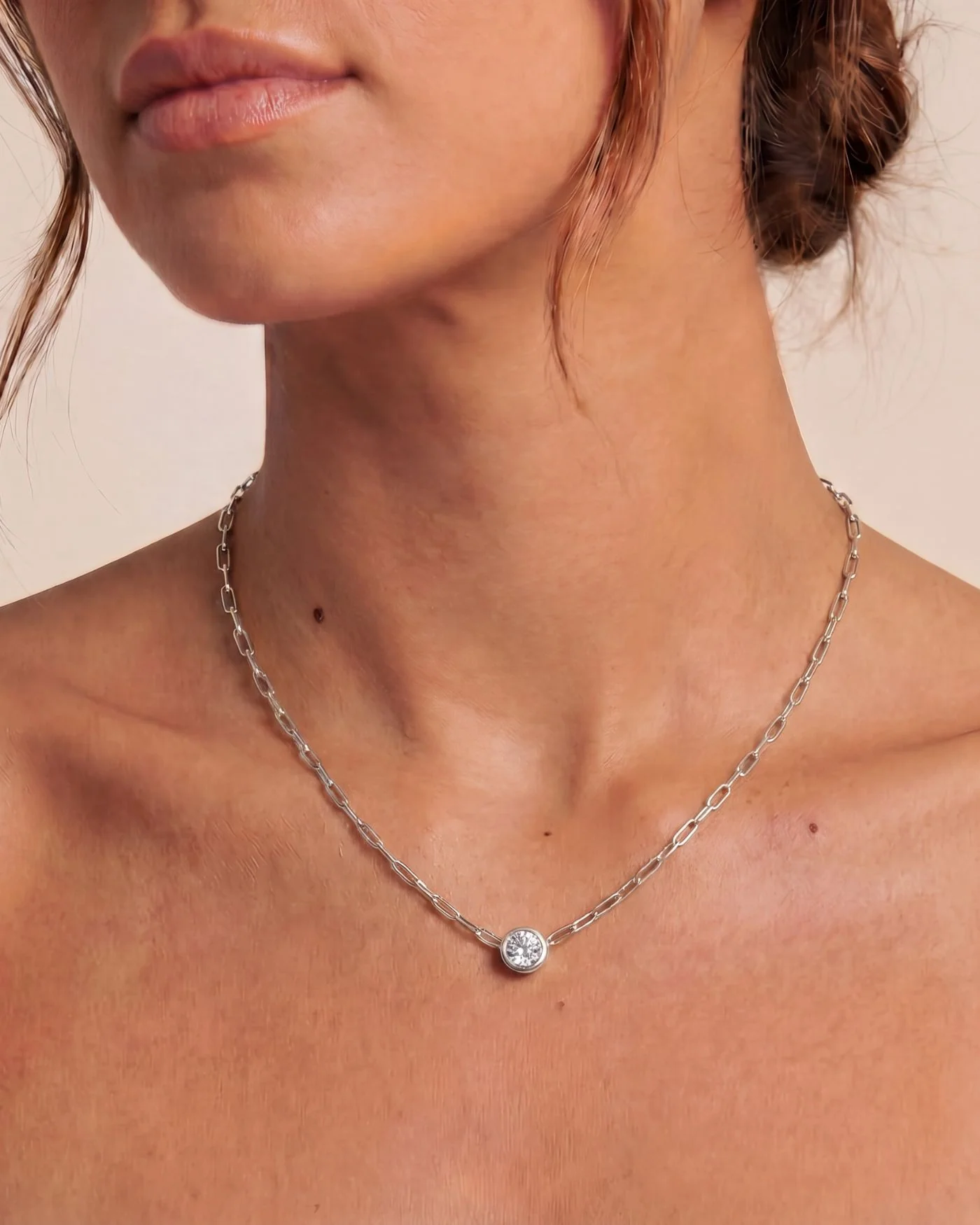 Ava Paperclip Necklace in Silver with Round Simulated Diamond Focal