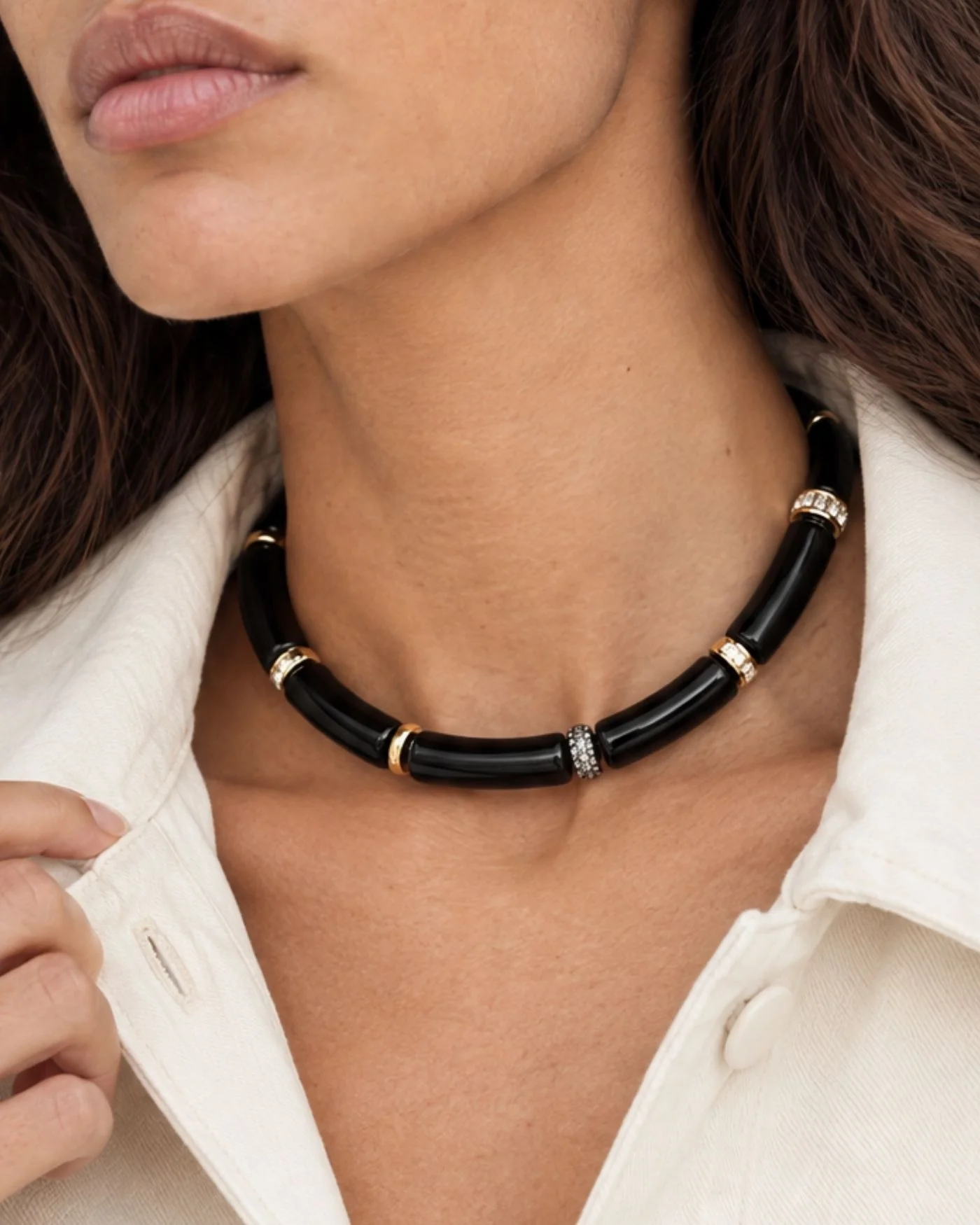 Diana Collar Necklace in Black Resin with Mixed Rondelle Accents