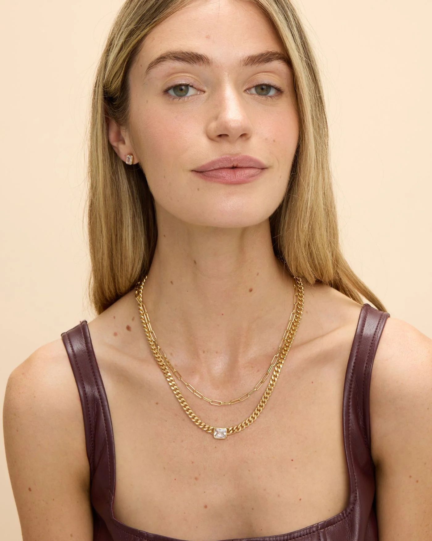 Bezel Station Necklace with Emerald-Cut Simulated Diamond on Curb Chain