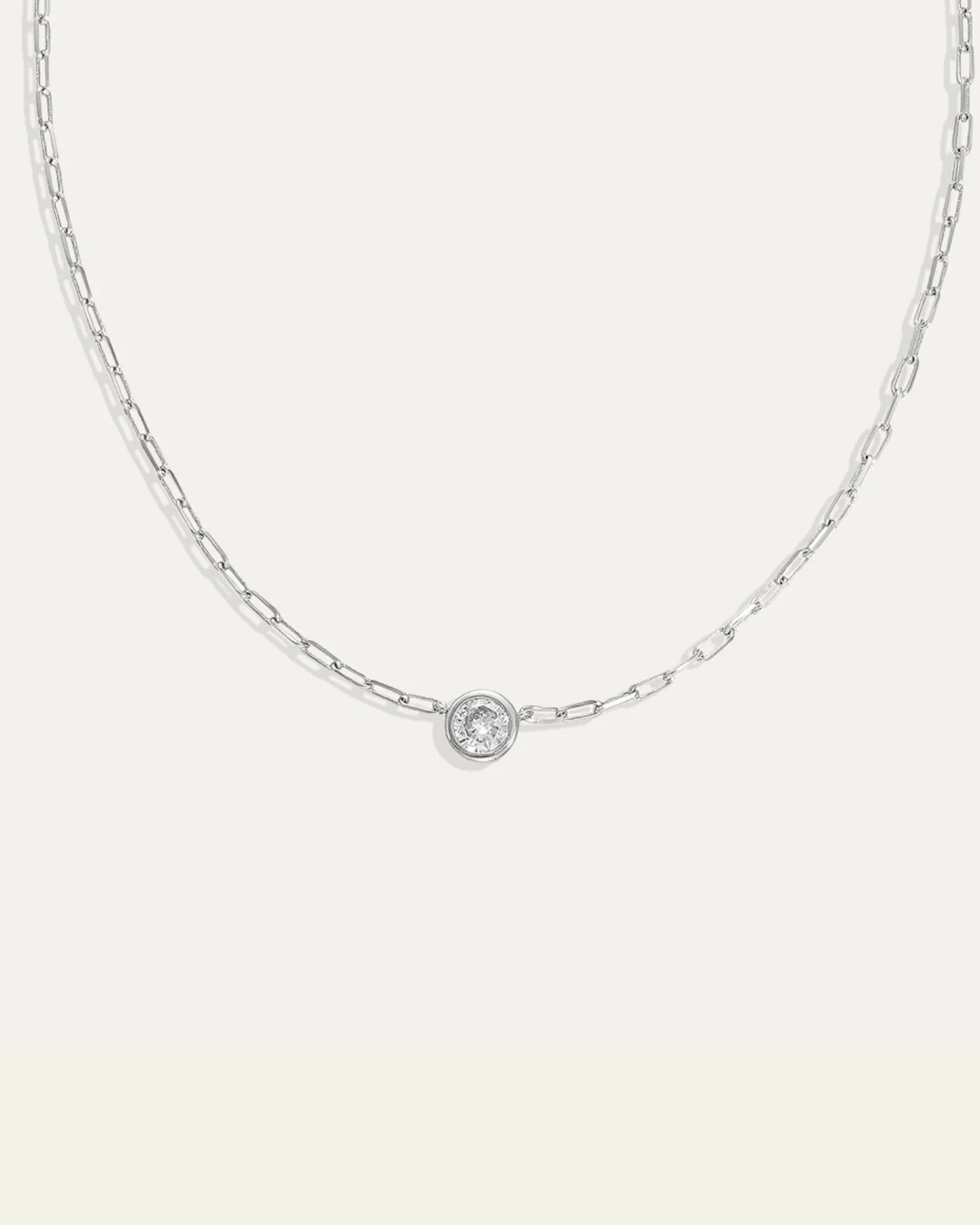 Ava Paperclip Necklace in Silver with Round Simulated Diamond Focal