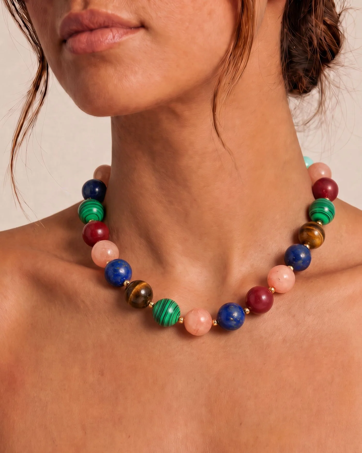 Helena Multi Gumball Necklace with Tiger's Eye and Jade Beads