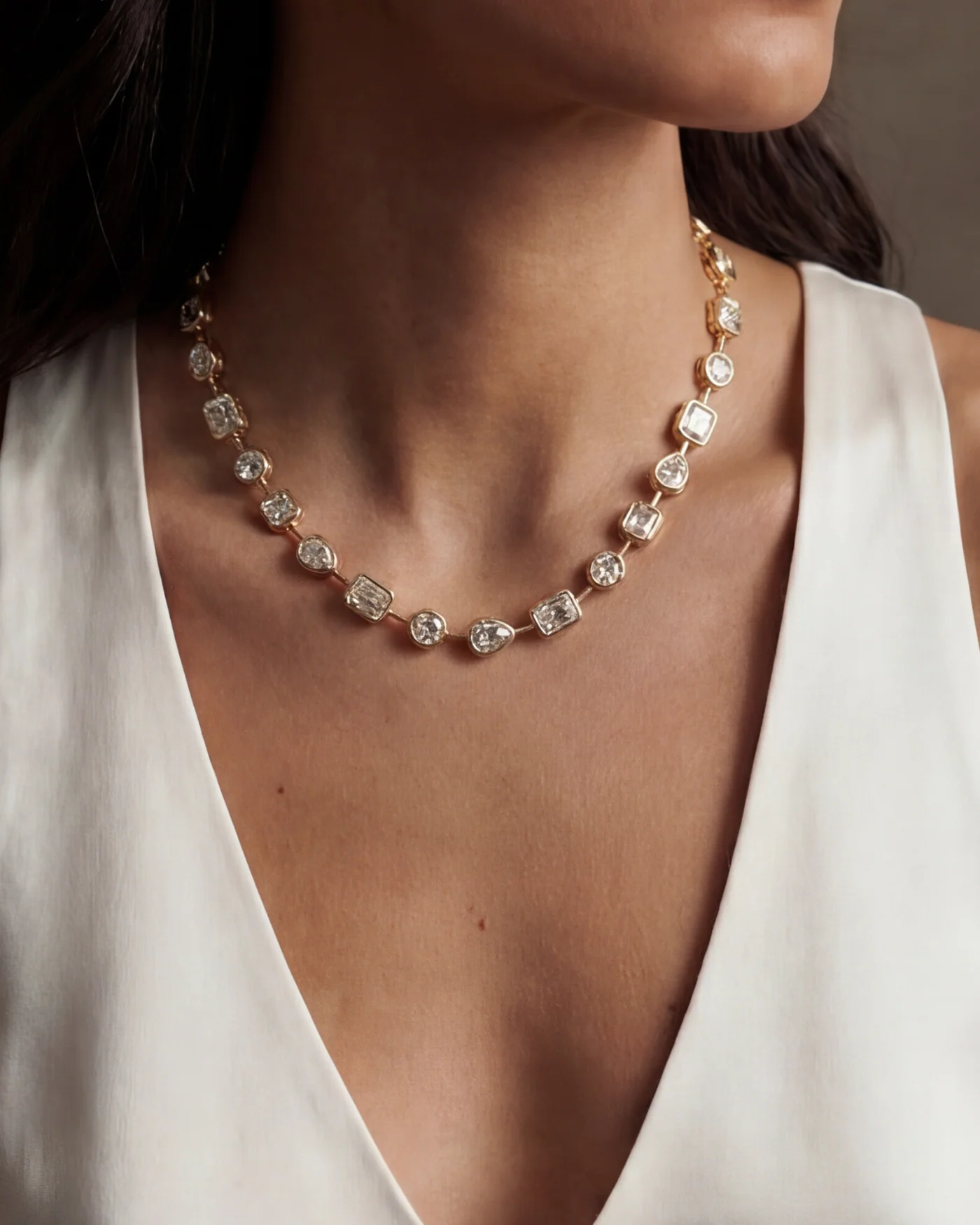 Naomie Tennis Necklace in 12k Gold-Plated Brass with Mixed Cut Stones