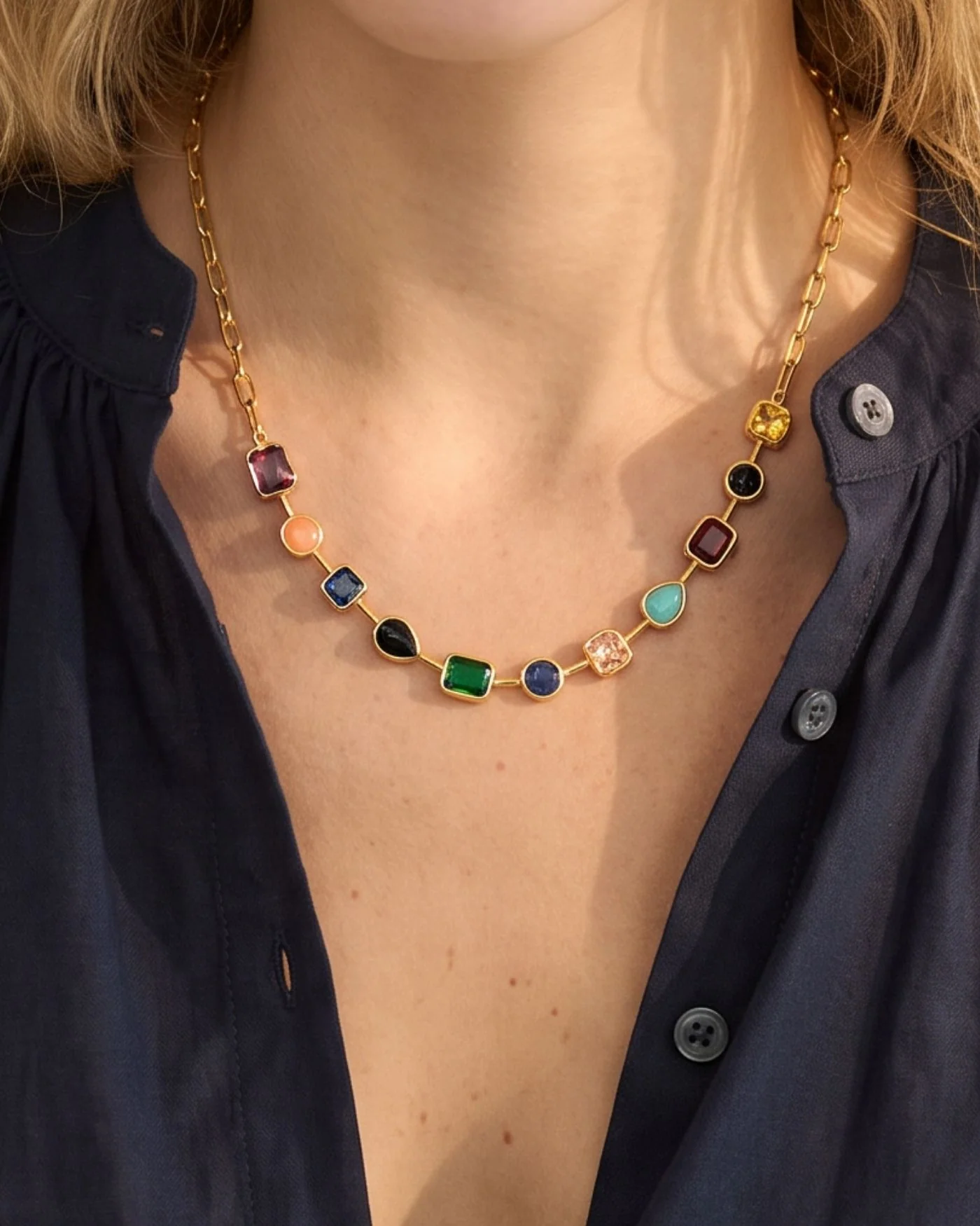Naomie Paperclip Tennis Necklace in Multi-Color Stones