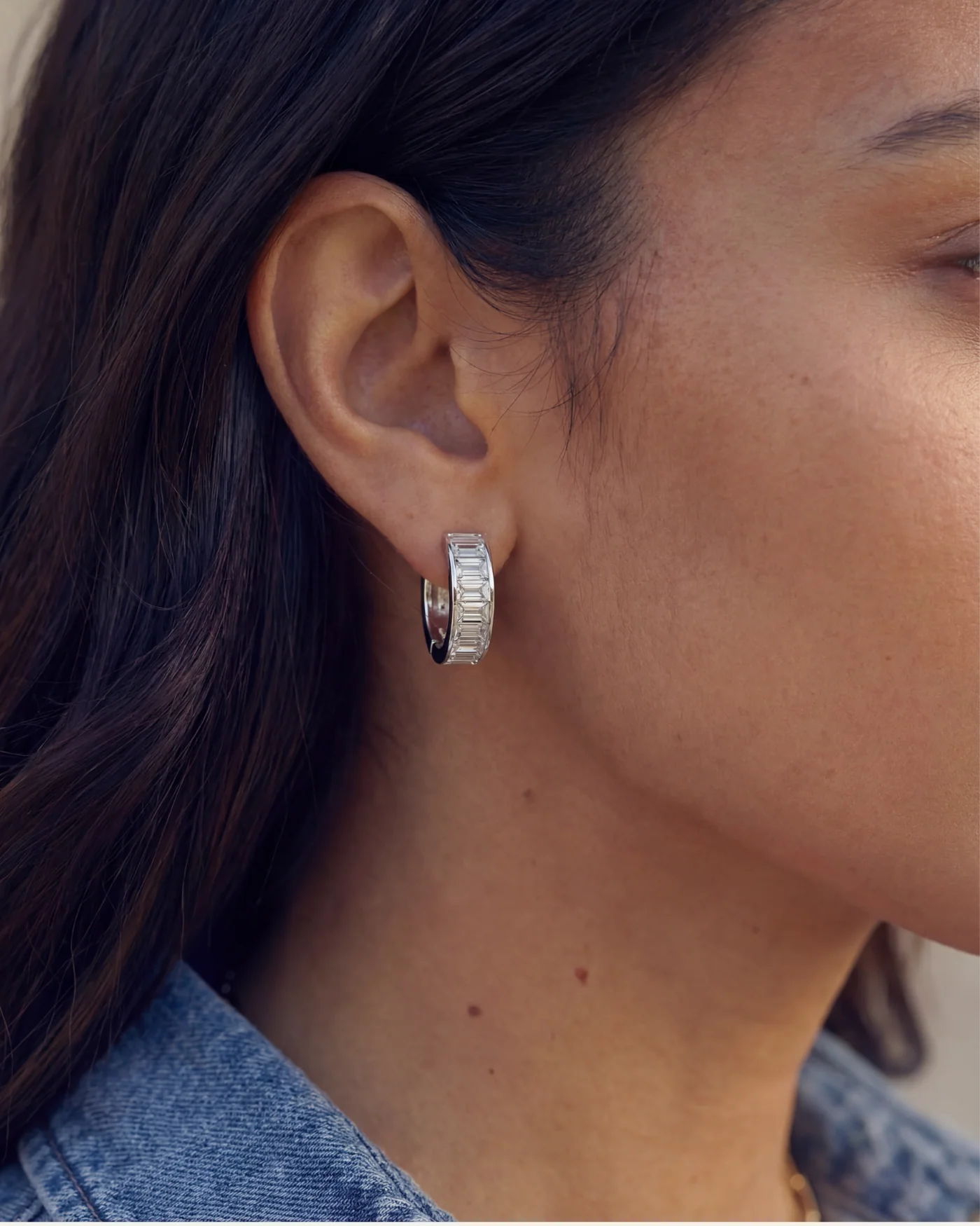 Channel Set Huggie Earrings in Rhodium Plated Silver Tone